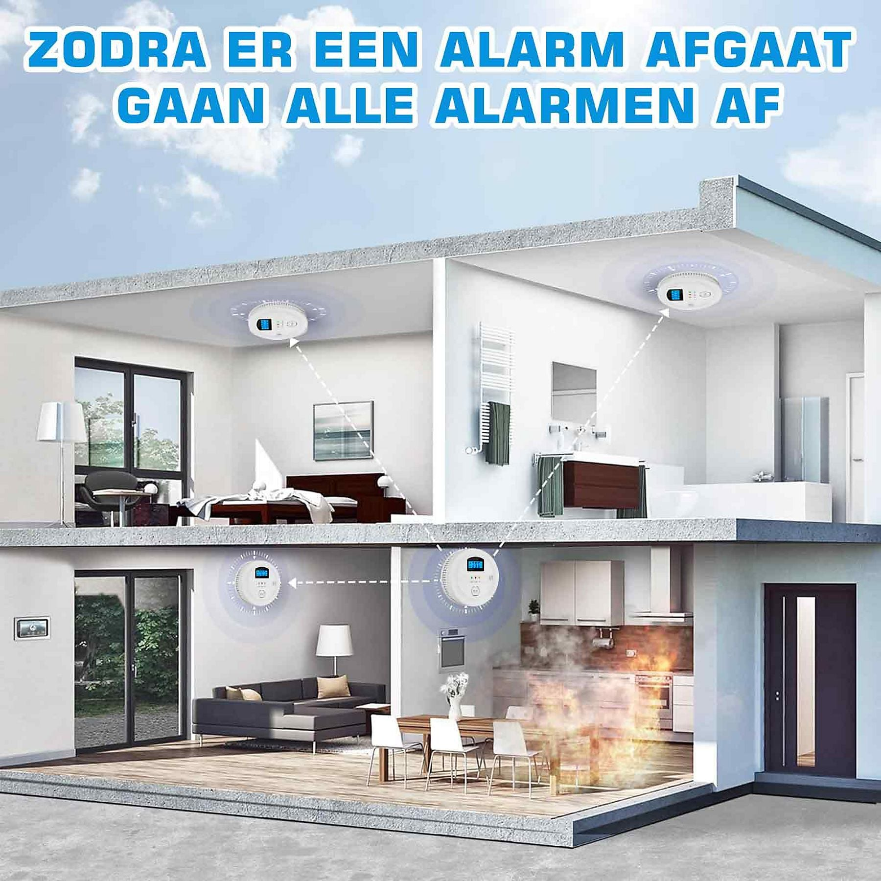 Brand im Haus mit vernetzten Rauchmeldern, die auf dem Boden und an der Decke montiert sind.