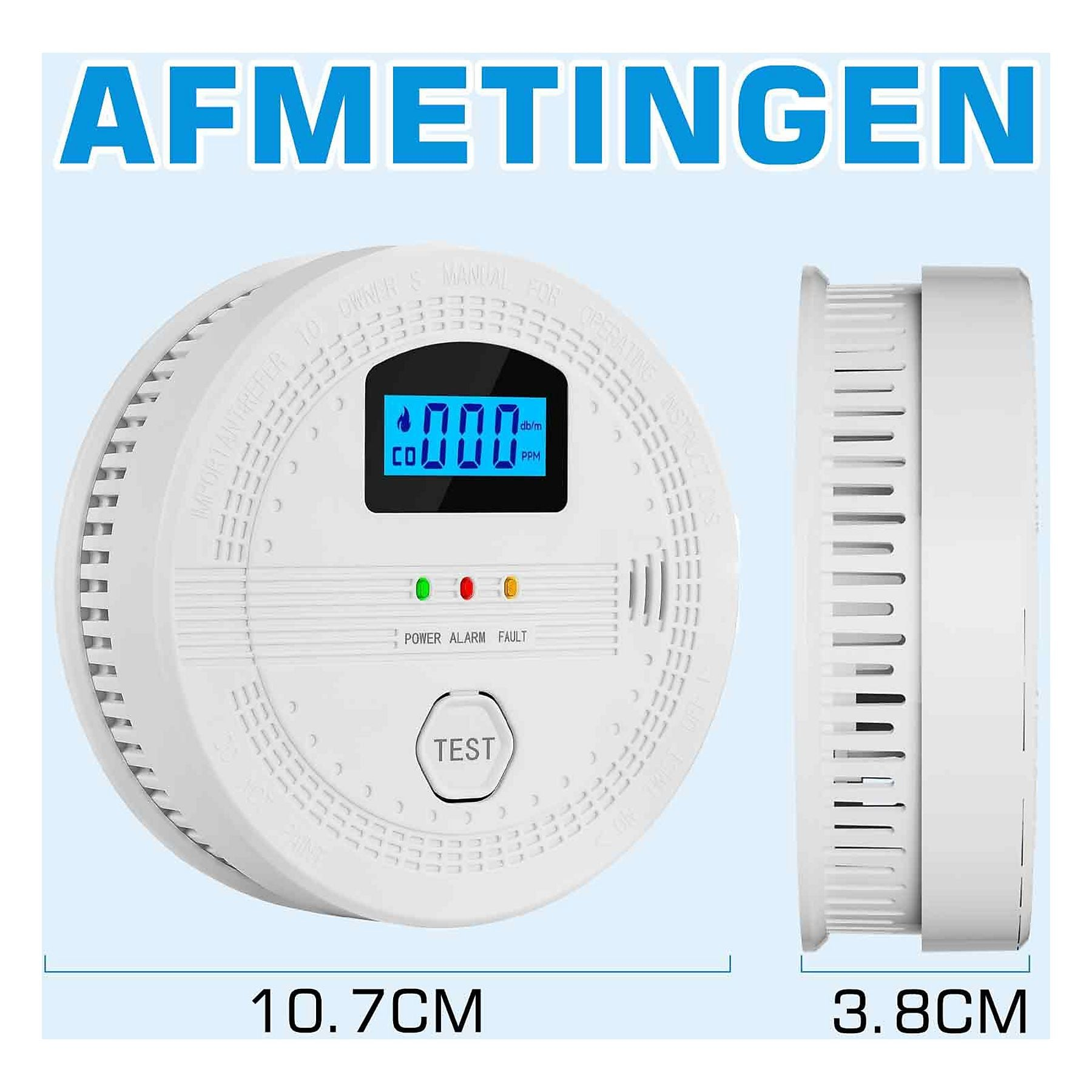 Weißer Kohlenmonoxidmelder mit digitaler Anzeige und Testknopf.