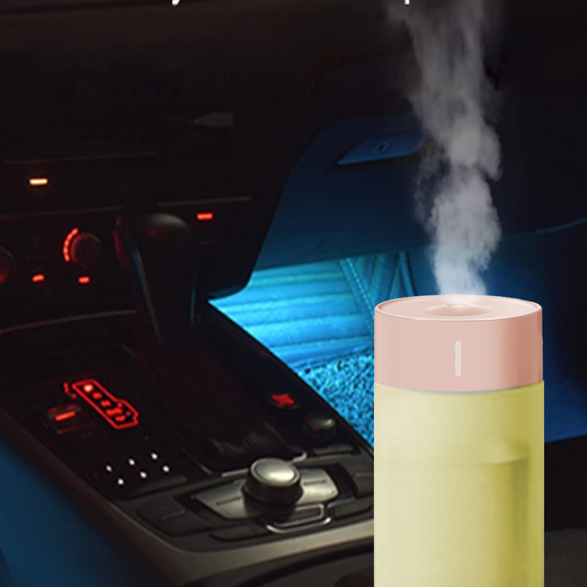 Ein gelber Luftbefeuchter mit rosa Oberteil gibt Dampf ab, im dunklen Auto.