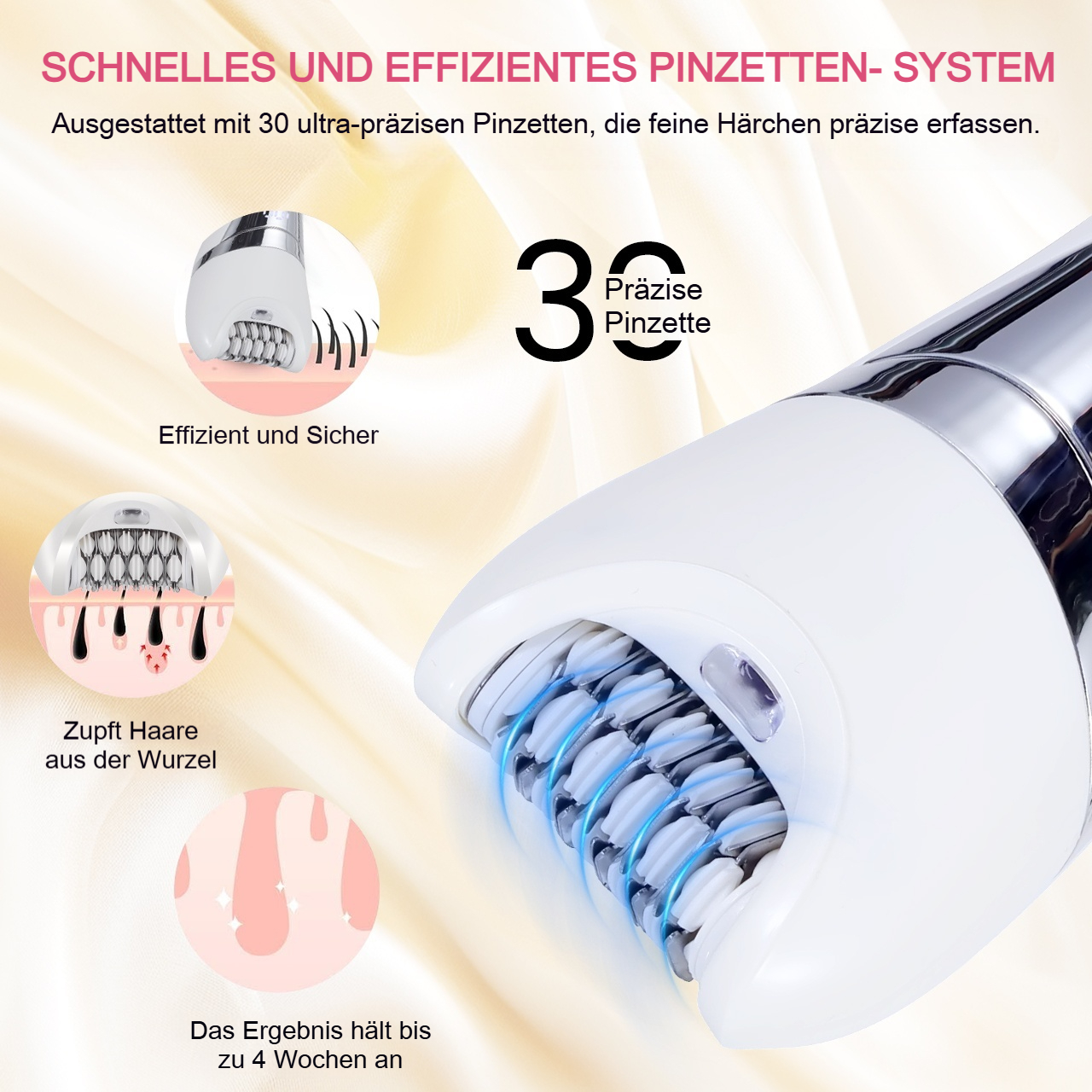 Ein Epilierer mit 30 Pinzetten, der Haare effizient und präzise entfernt.