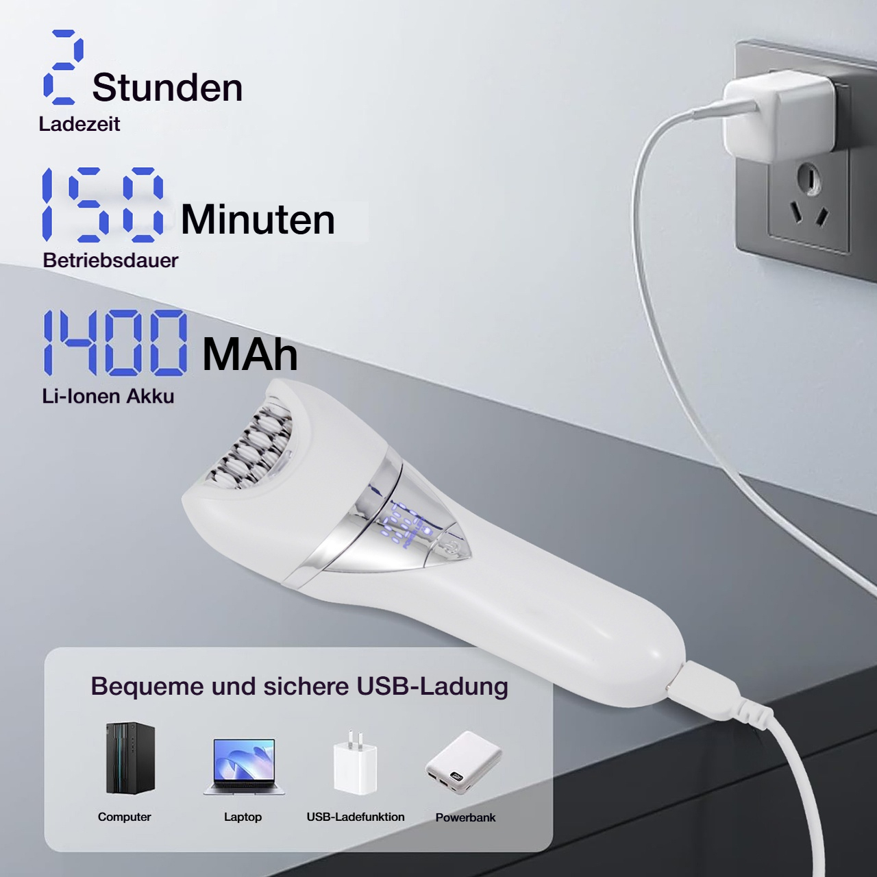 Ein weißes Epiliergerät lädt per USB. Ladezeit 2 Std., Laufzeit 150 Min., Akku 1400 mAh.