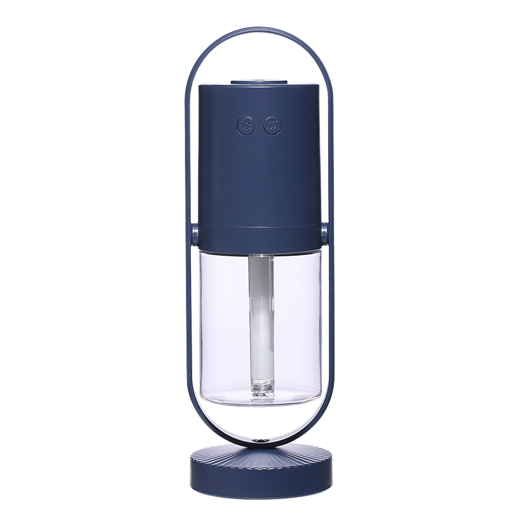 Ein blauer Luftbefeuchter mit Glasbehälter und Metallbügel auf einem geriffelten Sockel.