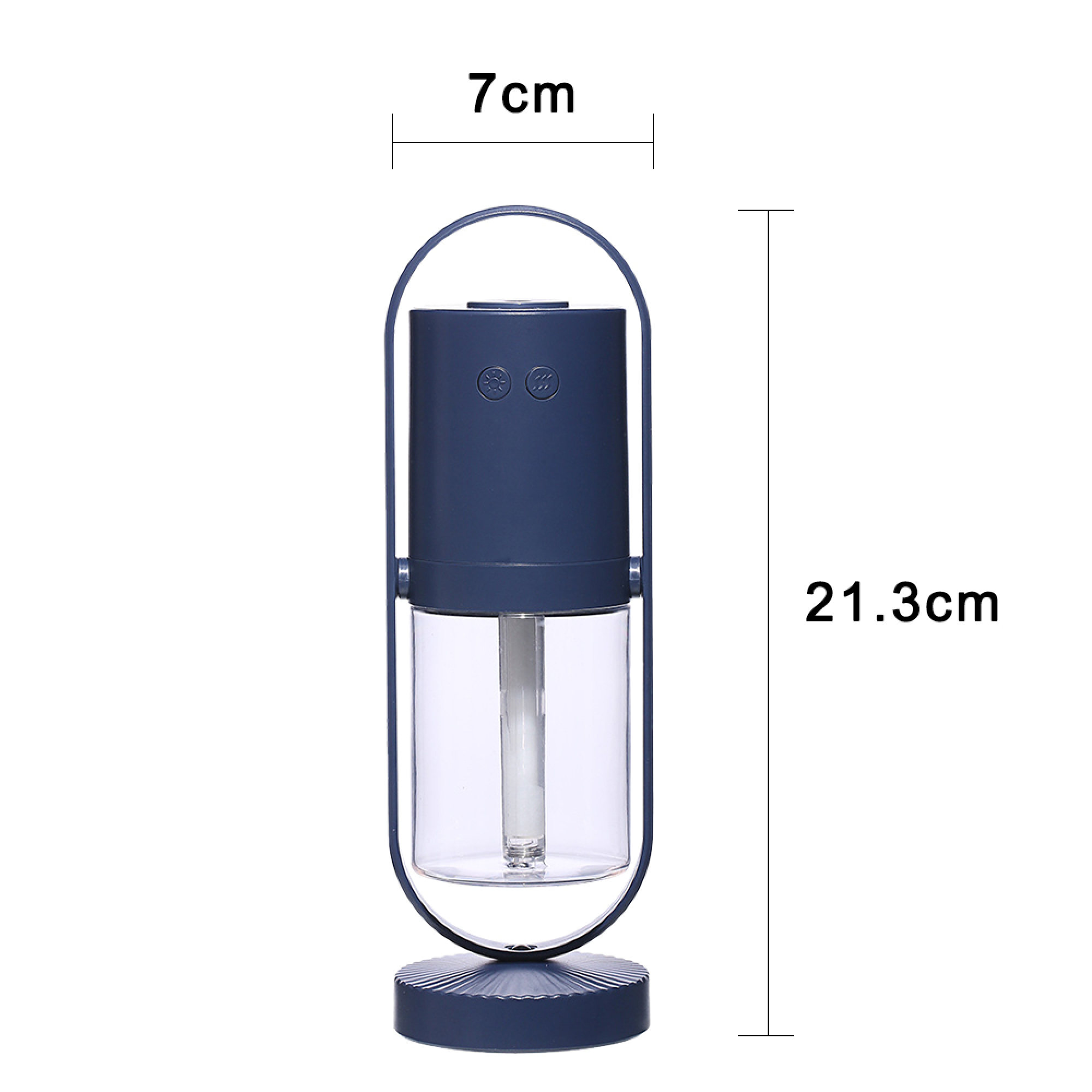 Dunkelblaue Lampe mit Glasbehälter und Metallbügel. Maße: 7x21,3cm.