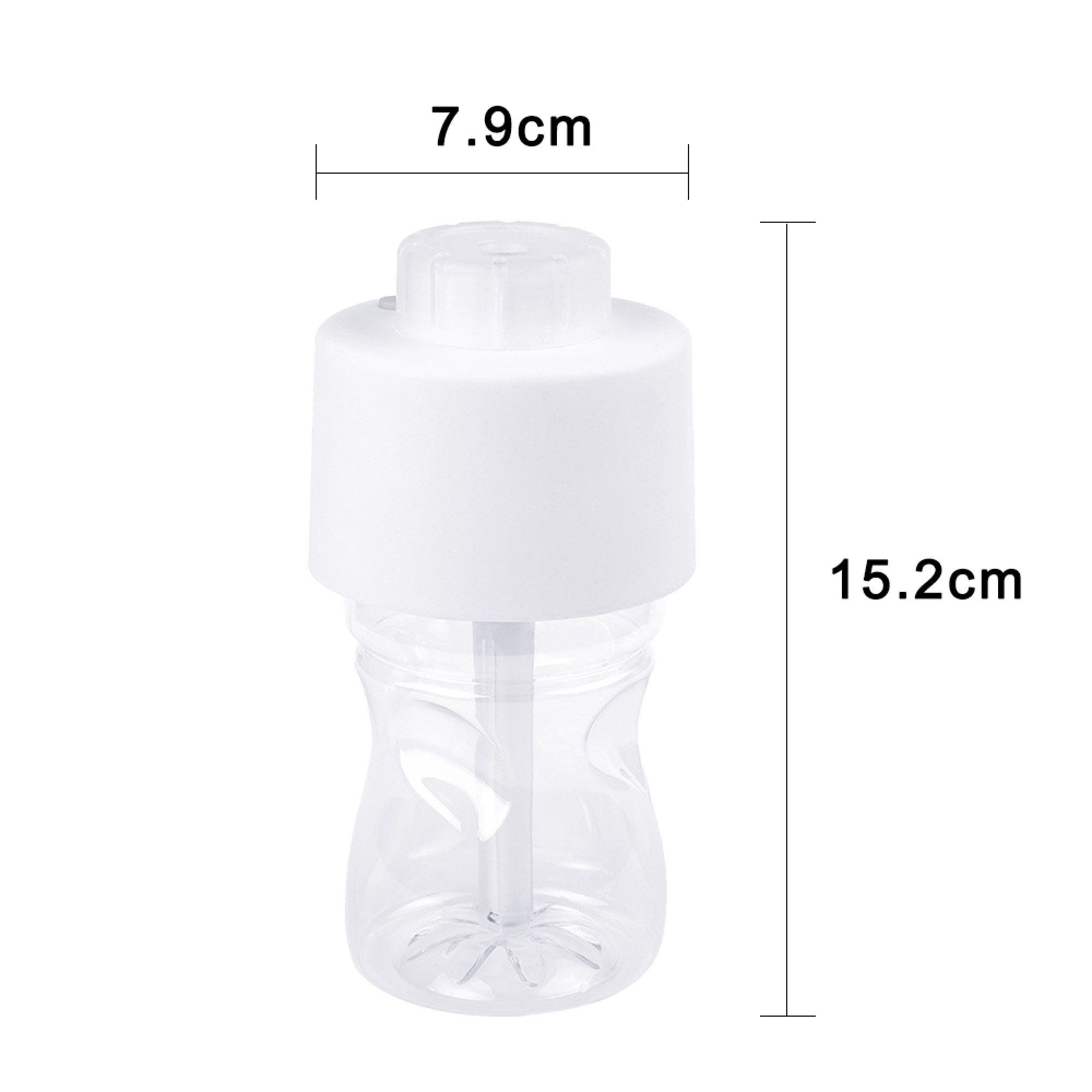 Weiße Sprühflasche mit klarem Behälter, 7,9 cm breit, 15,2 cm hoch.