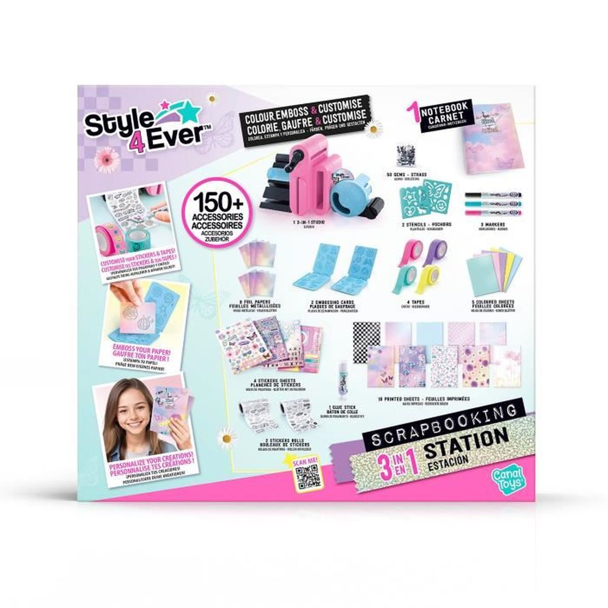 Un kit de manualidades con pegatinas, cintas y herramienta de repujado. Incluye accesorios de scrapbooking.