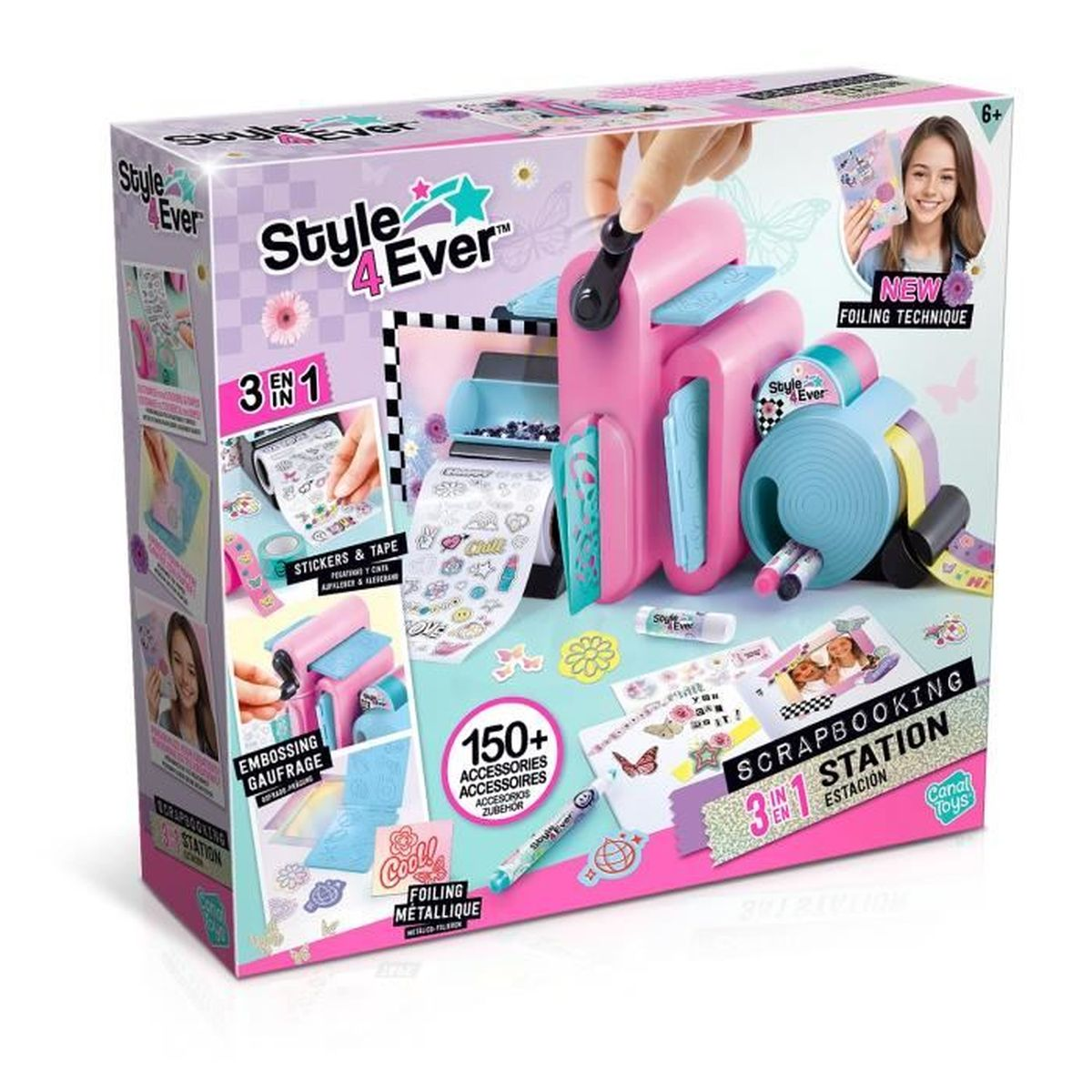 Caja de estación de manualidades con máquina de gofrado rosa, pegatinas, láminas y accesorios.