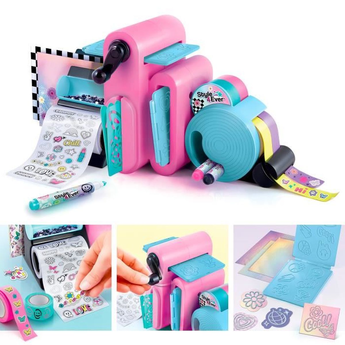 Máquina de pegatinas rosa con detalles turquesa, rollos de pegatinas y marcadores.