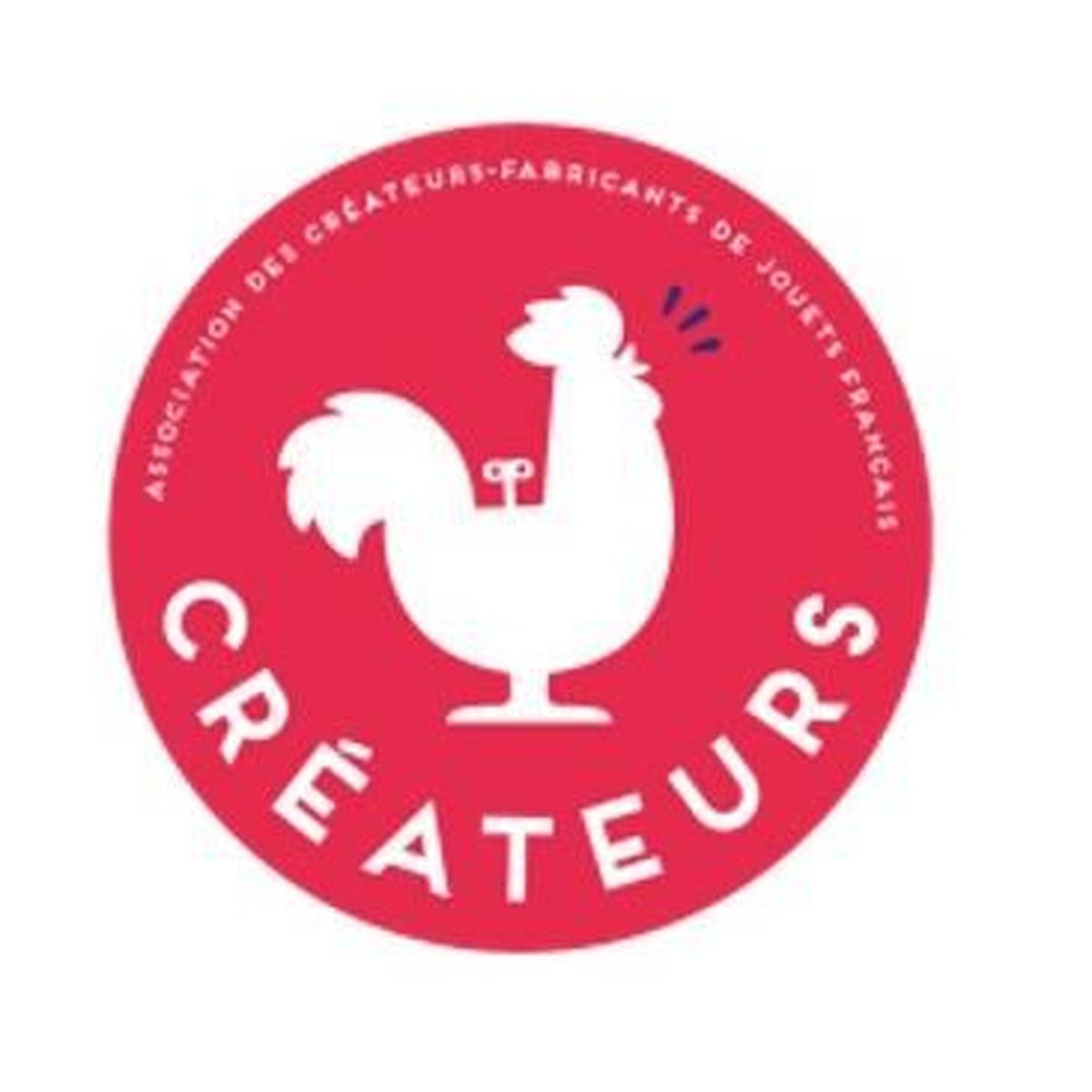 Gallo blanco sobre círculo rojo con texto 'Créateurs' y nombre asociación.