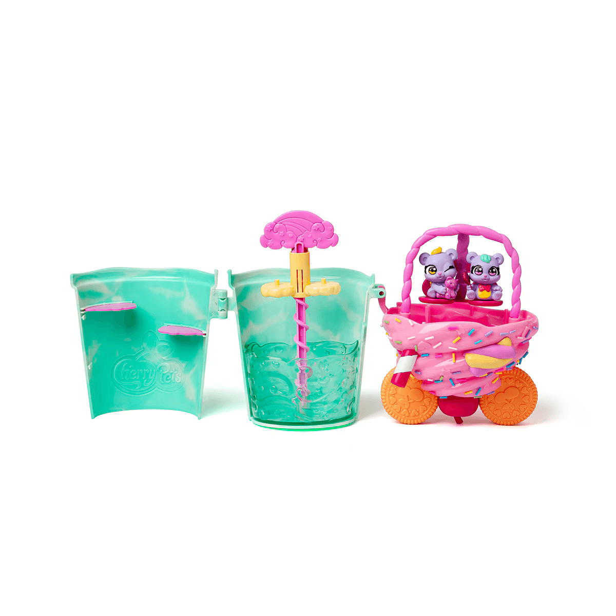Tres piezas de juguete: dos vasos turquesa y un carrito rosa con dos mascotas moradas.