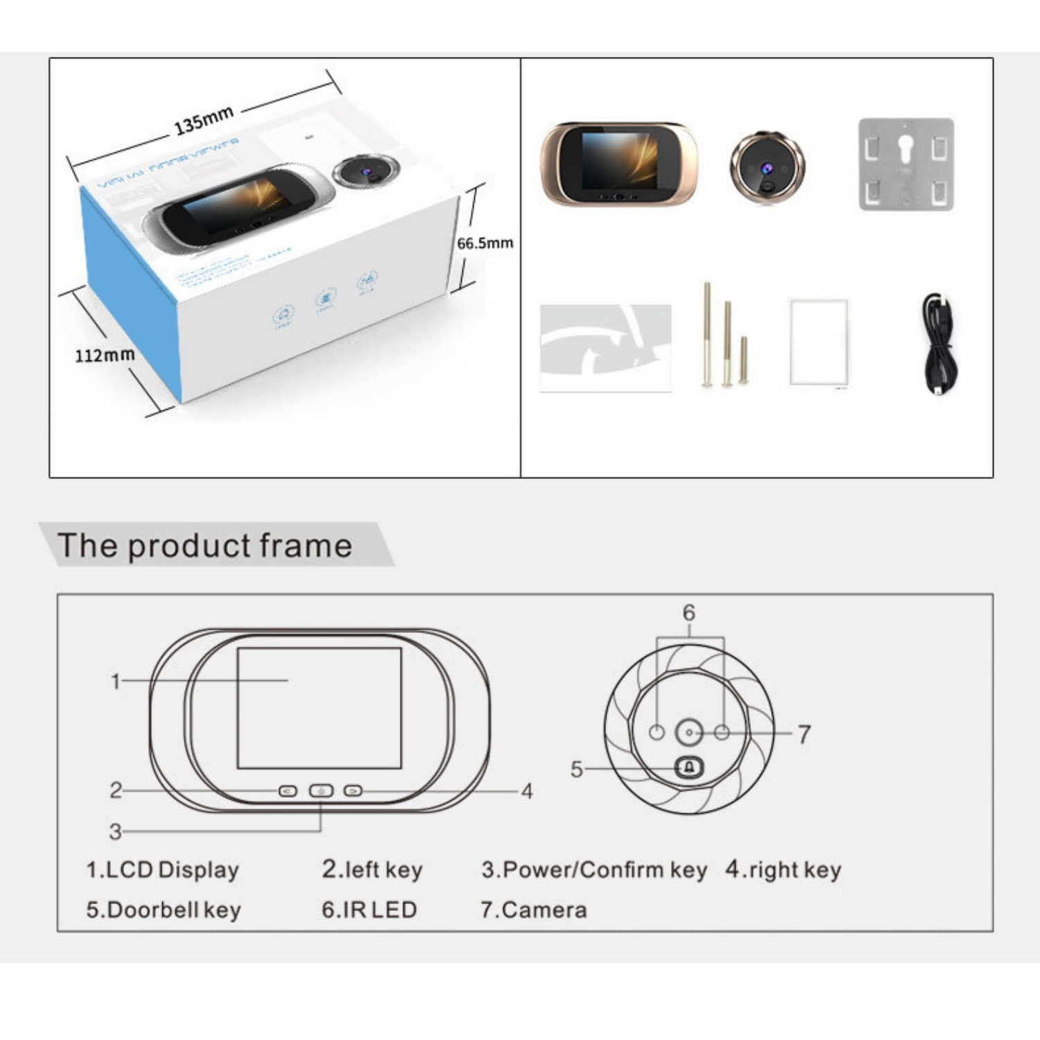 Produktverpackung mit Maßen, Produktkomponenten und Diagramm des Türspions.