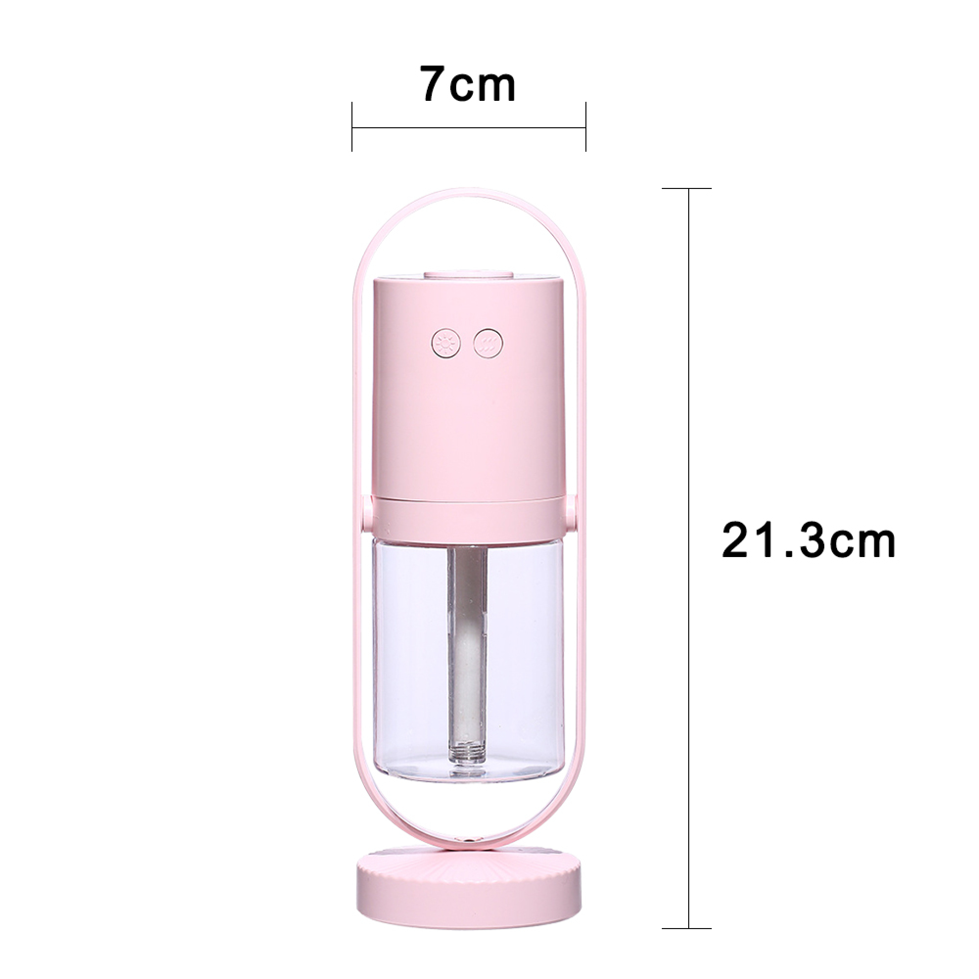 Ein kleiner, rosa Luftbefeuchter mit klarem Wassertank und Tragegriff.