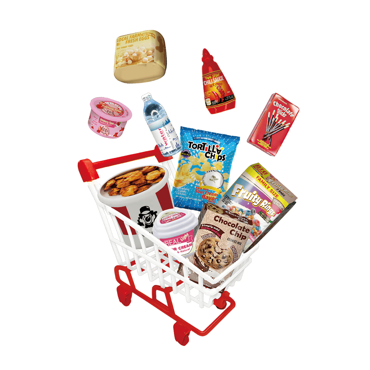 Un carrito de compras lleno de comestibles: huevos, patatas, galletas, anillos frutales y agua.