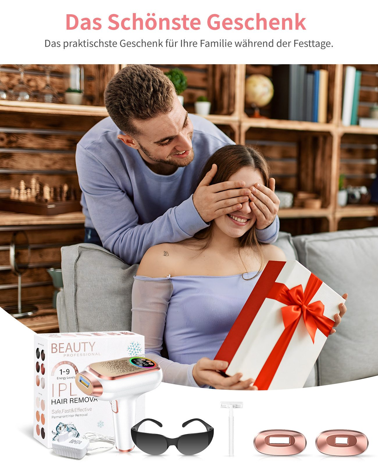 Mann bedeckt Augen einer Frau, die ein Geschenk hält. IPL-Haarentferner.