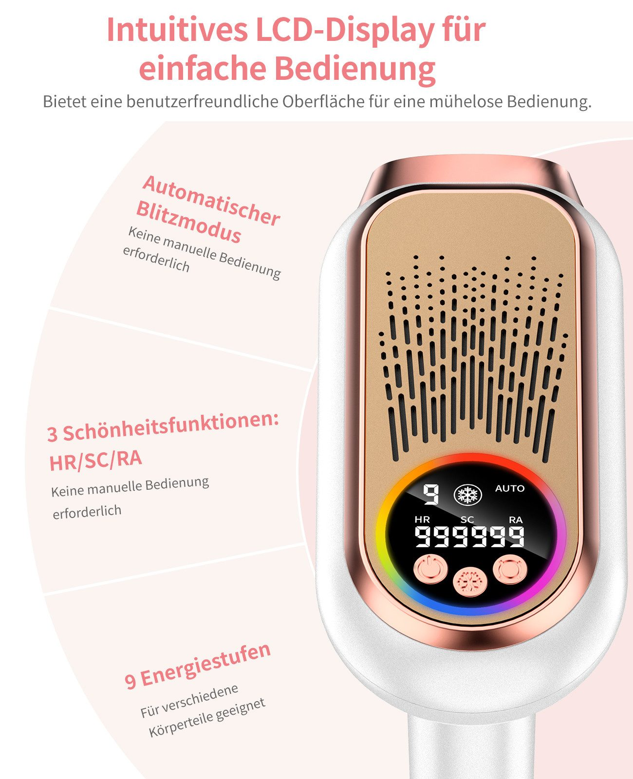 Ein weißes Haarentfernungsgerät mit goldenem Akzent und LCD-Display mit Zahlen.