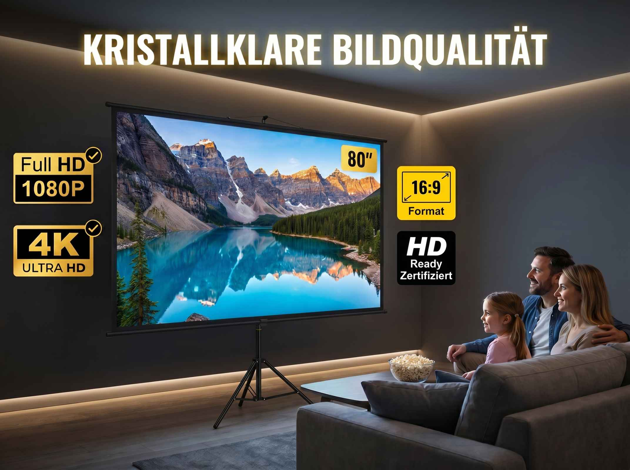 Familie schaut auf 80-Zoll-80-Zoll-Leinwand mit Bergsee-Bild. Full HD, 4K.
