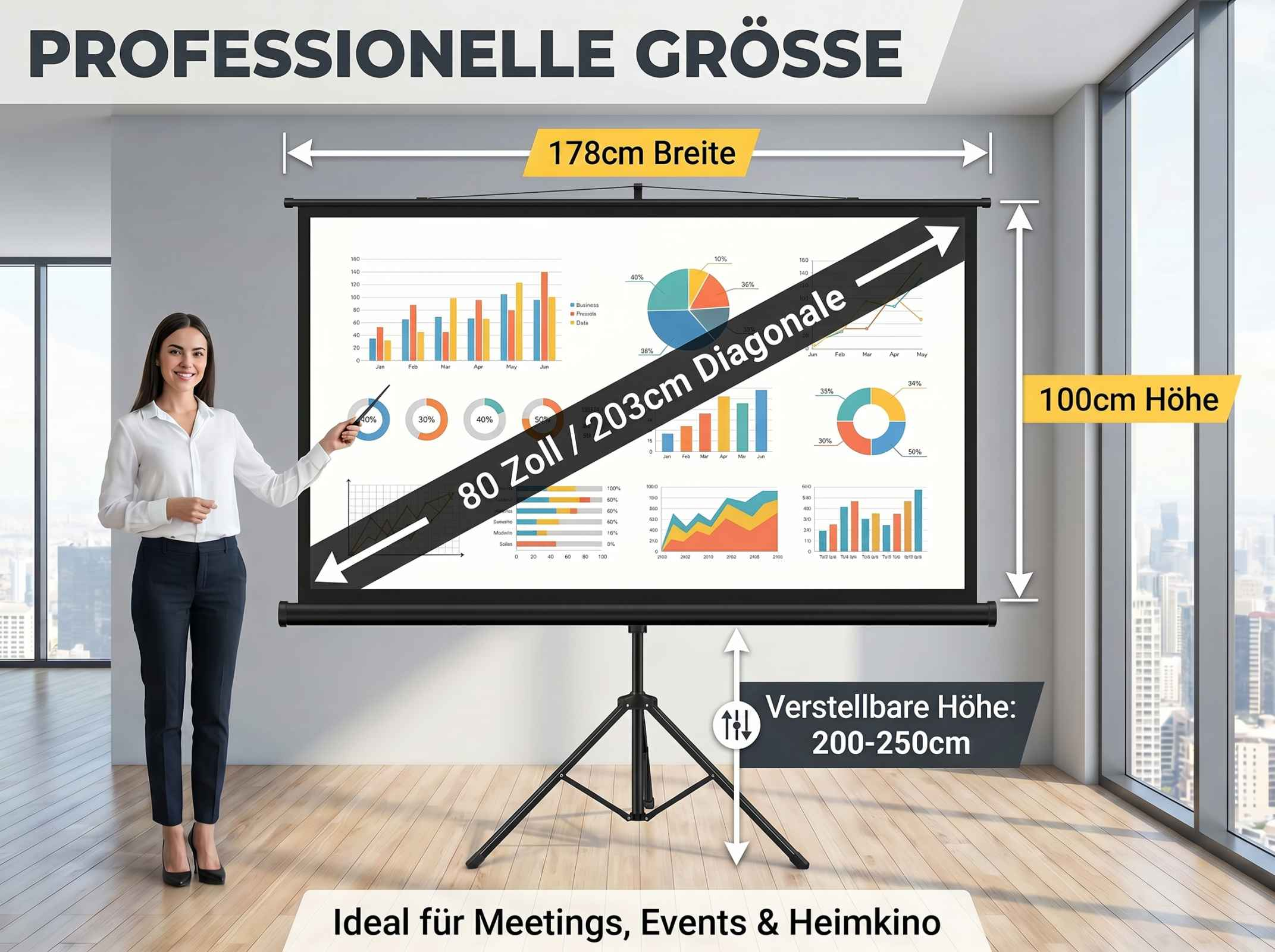 Eine Frau steht vor einer Leinwand mit Diagrammen. Die Leinwand ist ausziehbar und hat eine Diagonale von 203cm.