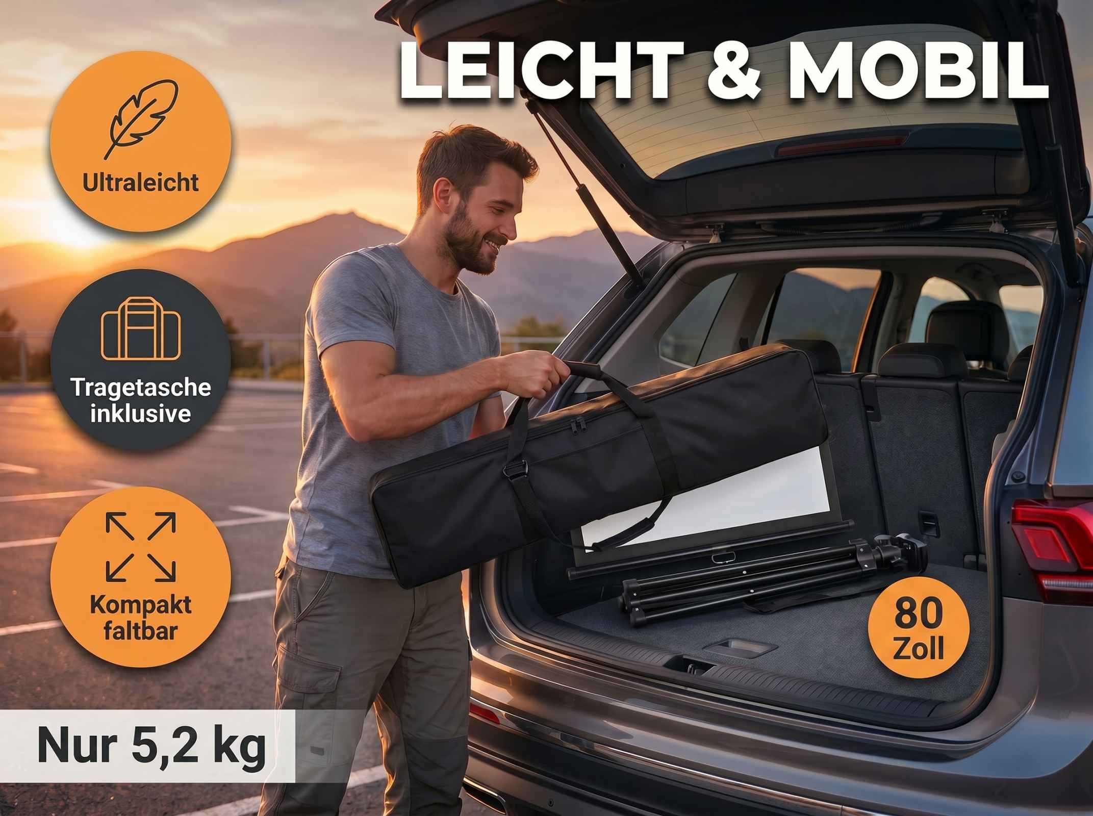 Mann lädt Ausrüstung in Auto. Text: Leicht & Mobil, Ultraleicht, Tragetasche inkl.