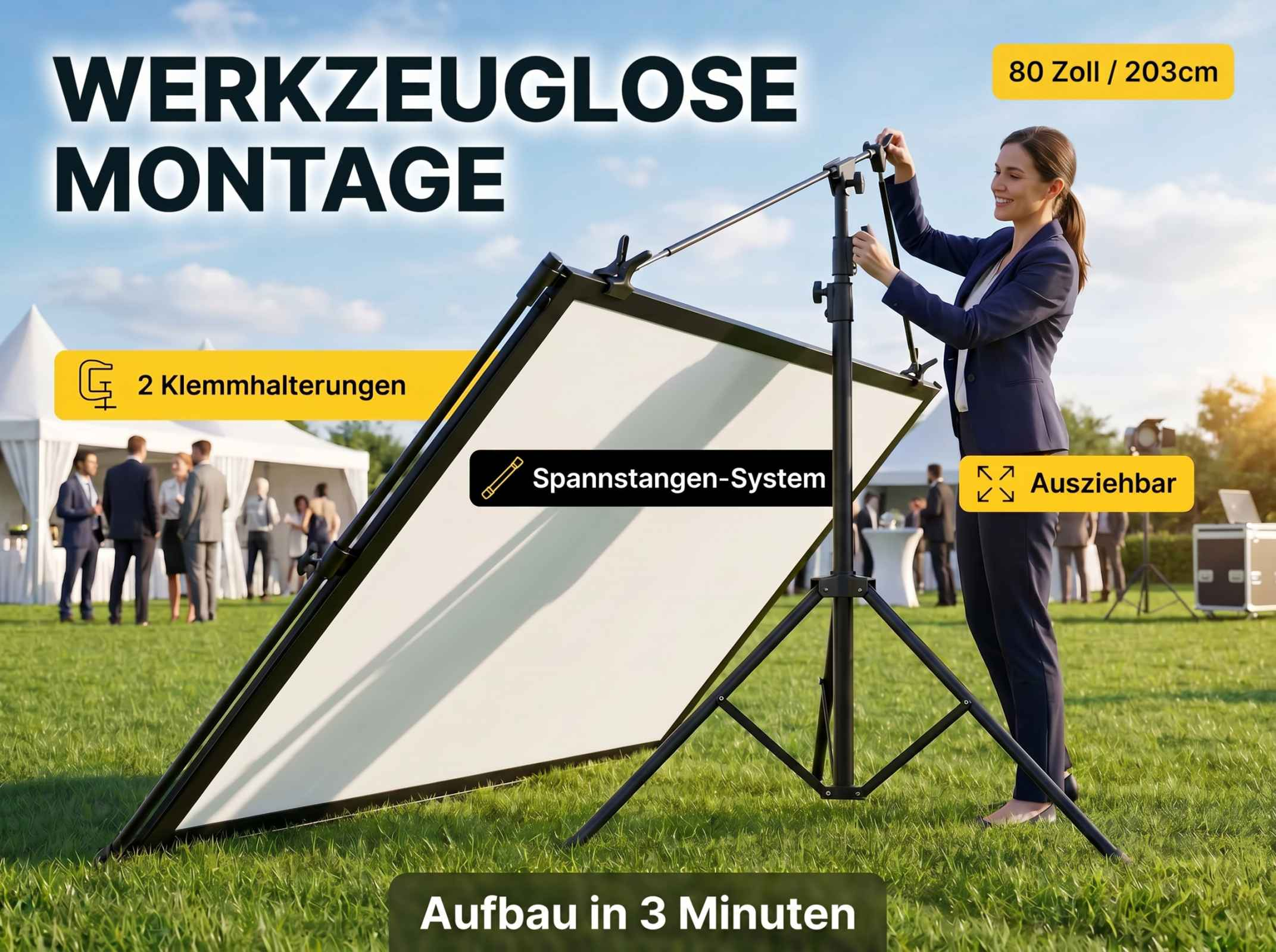 Frau montiert ein 203cm faltbares Display mit Klammern auf einer Wiese.