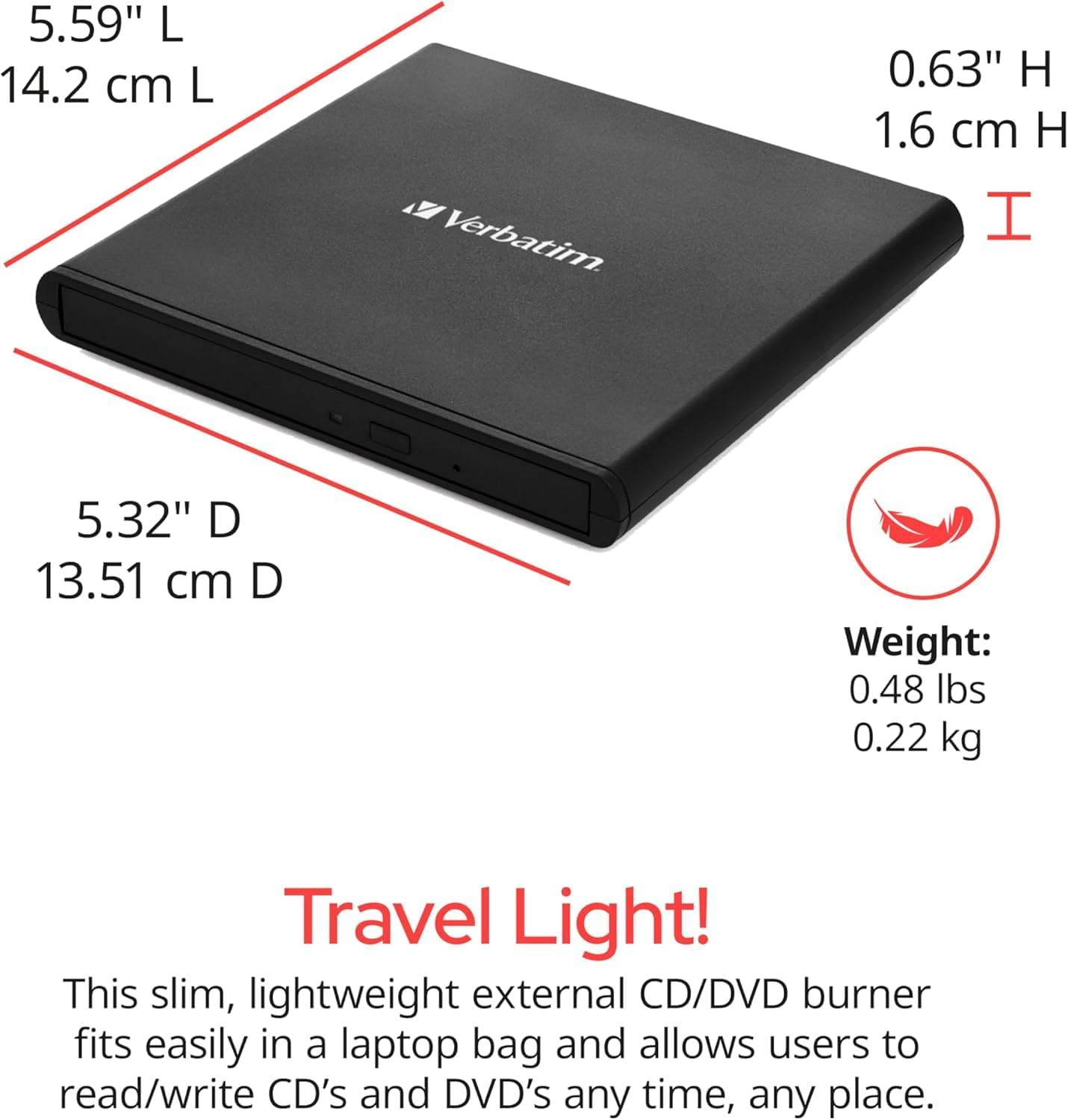Schwarzer externer Verbatim CD/DVD-Brenner, schlank, leicht, 5,59" L, 5,32" T.