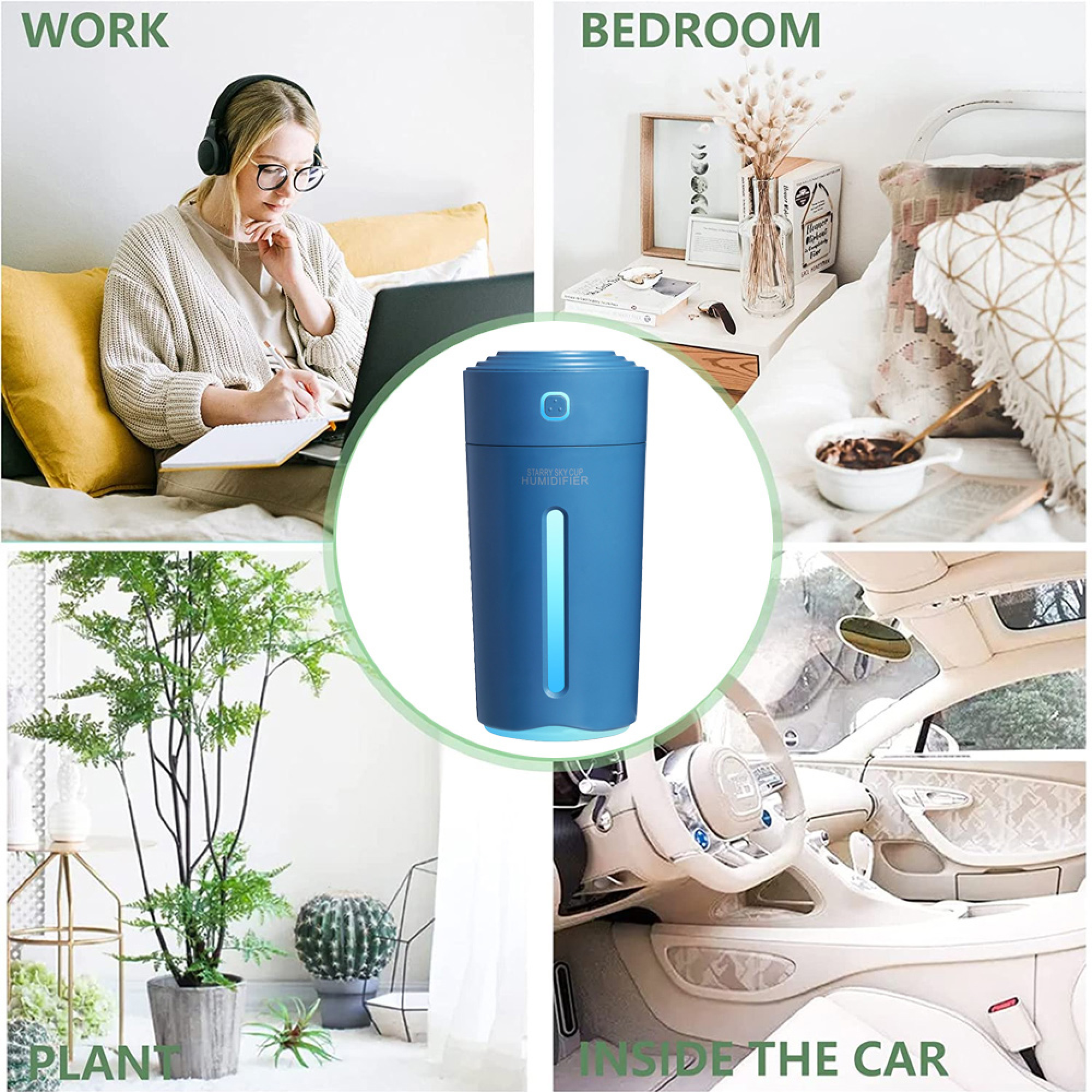 Collage zeigt Luftbefeuchter in Arbeit, Schlafzimmer, Pflanzen und Auto.