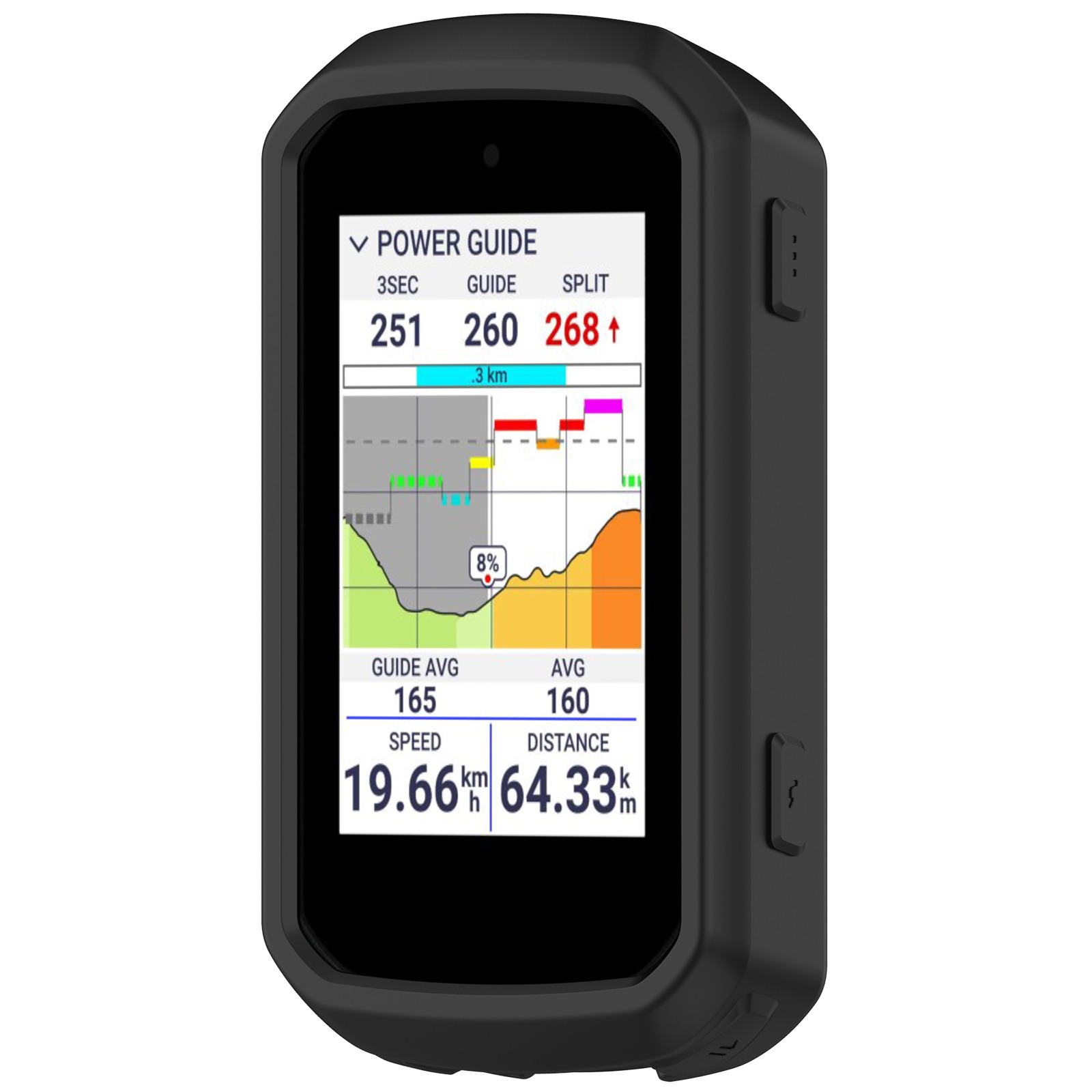 Schwarzes Fahrradcomputerdisplay mit Leistungsdaten, Karte und Geschwindigkeitsanzeige.