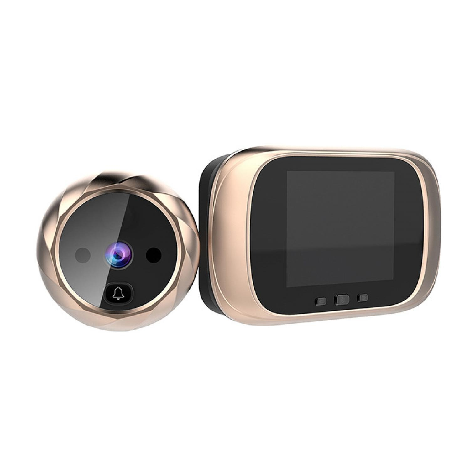 Goldfarbener digitaler Spion mit Kameralinse und Glockensymbol.