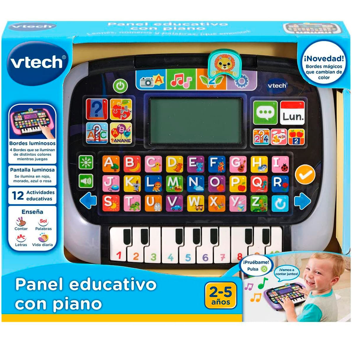 Un juguete educativo Vtech con teclado de piano, letras y números.