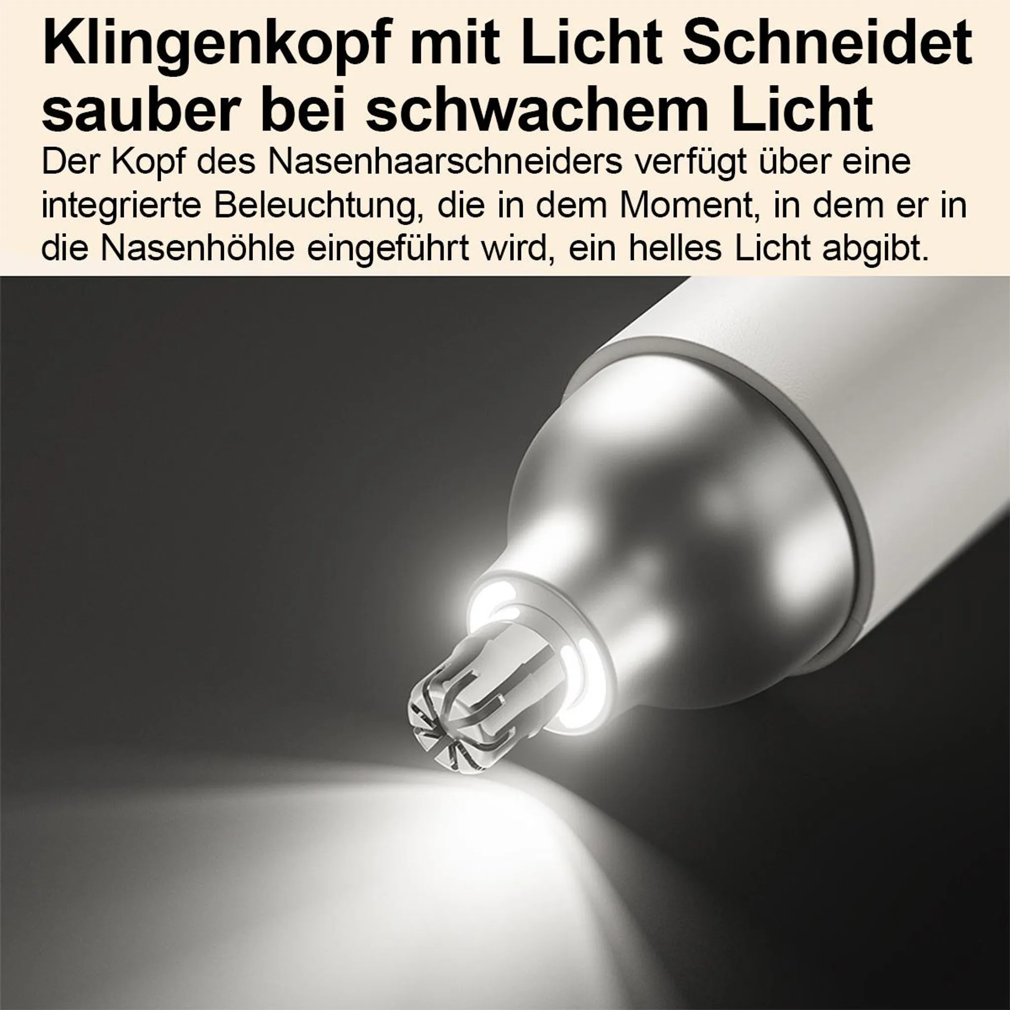 Ein silberner Nasenhaarschneiderkopf mit integriertem Licht strahlt nach vorne.