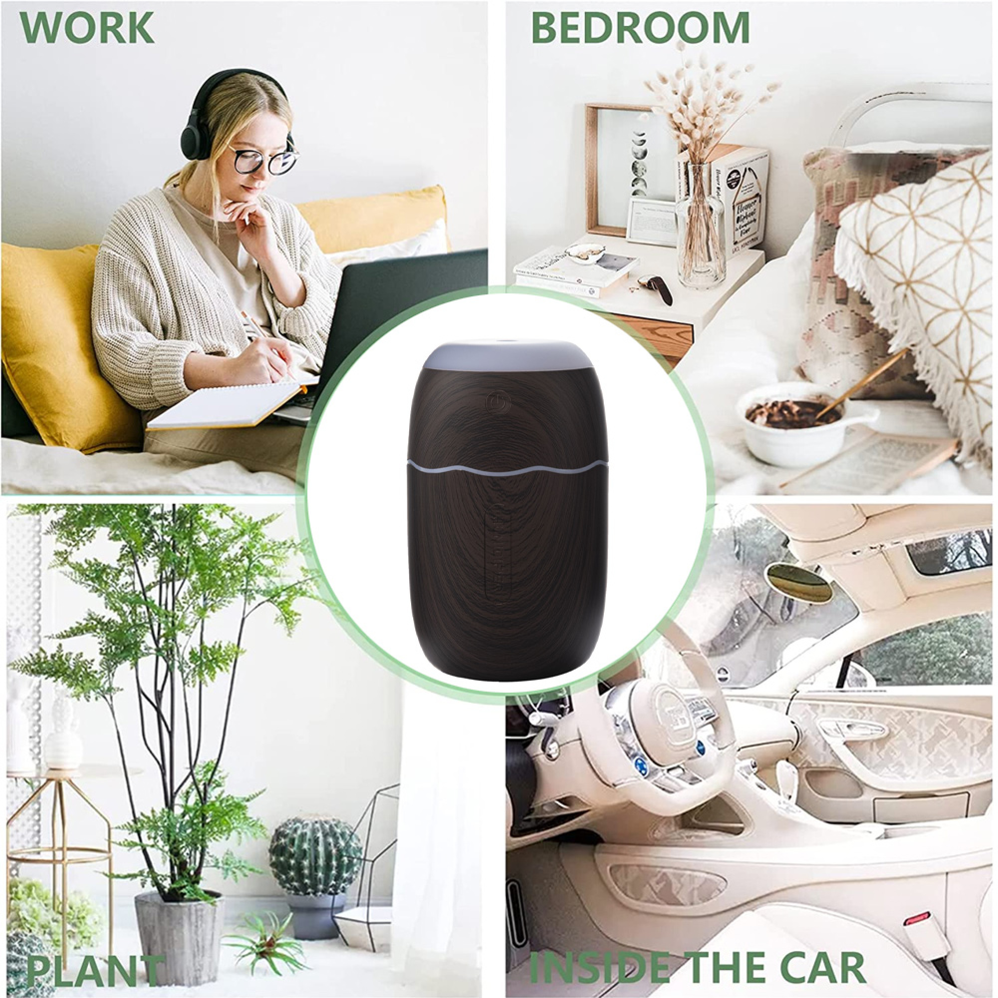 Ein Diffusor in vier Szenarien: Arbeiten, Schlafzimmer, Pflanzen und Auto.