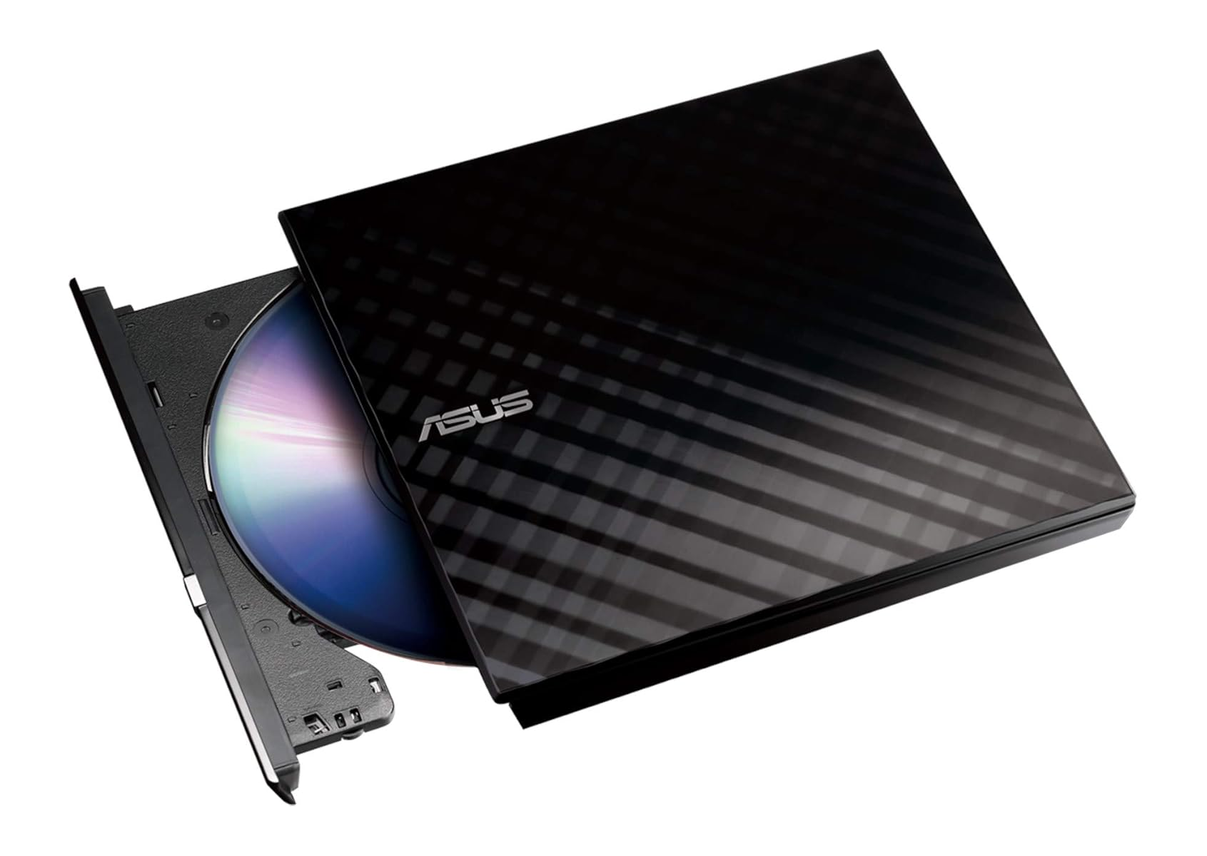 Schwarzes externes DVD-Laufwerk mit eingelegter Disc, Asus-Logo sichtbar.