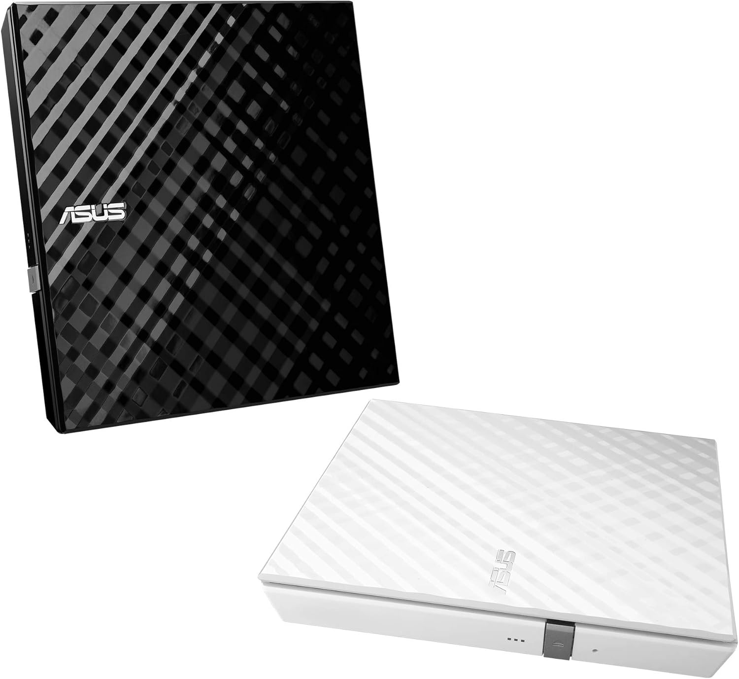 Schwarze und weiße ASUS externe CD/DVD-Laufwerke mit gestreiftem Muster. Eines schwarz, eines weiß.