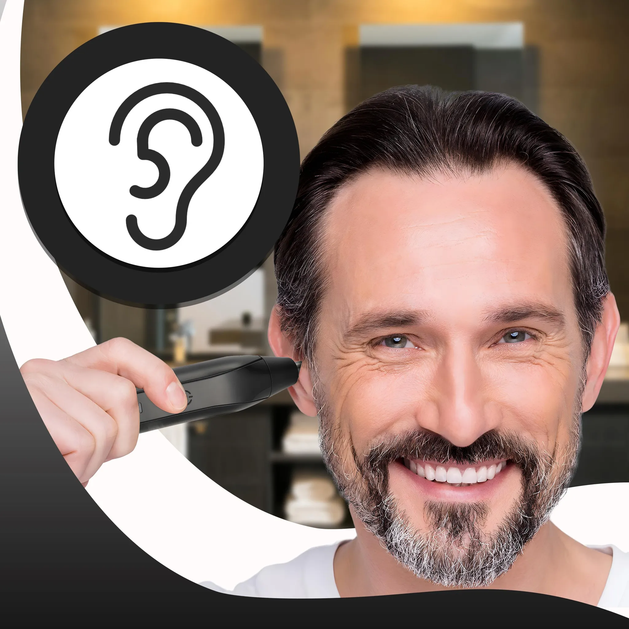 Mann trimmt Ohrhaare mit Trimmer; Ohr-Symbol im Kreis.
