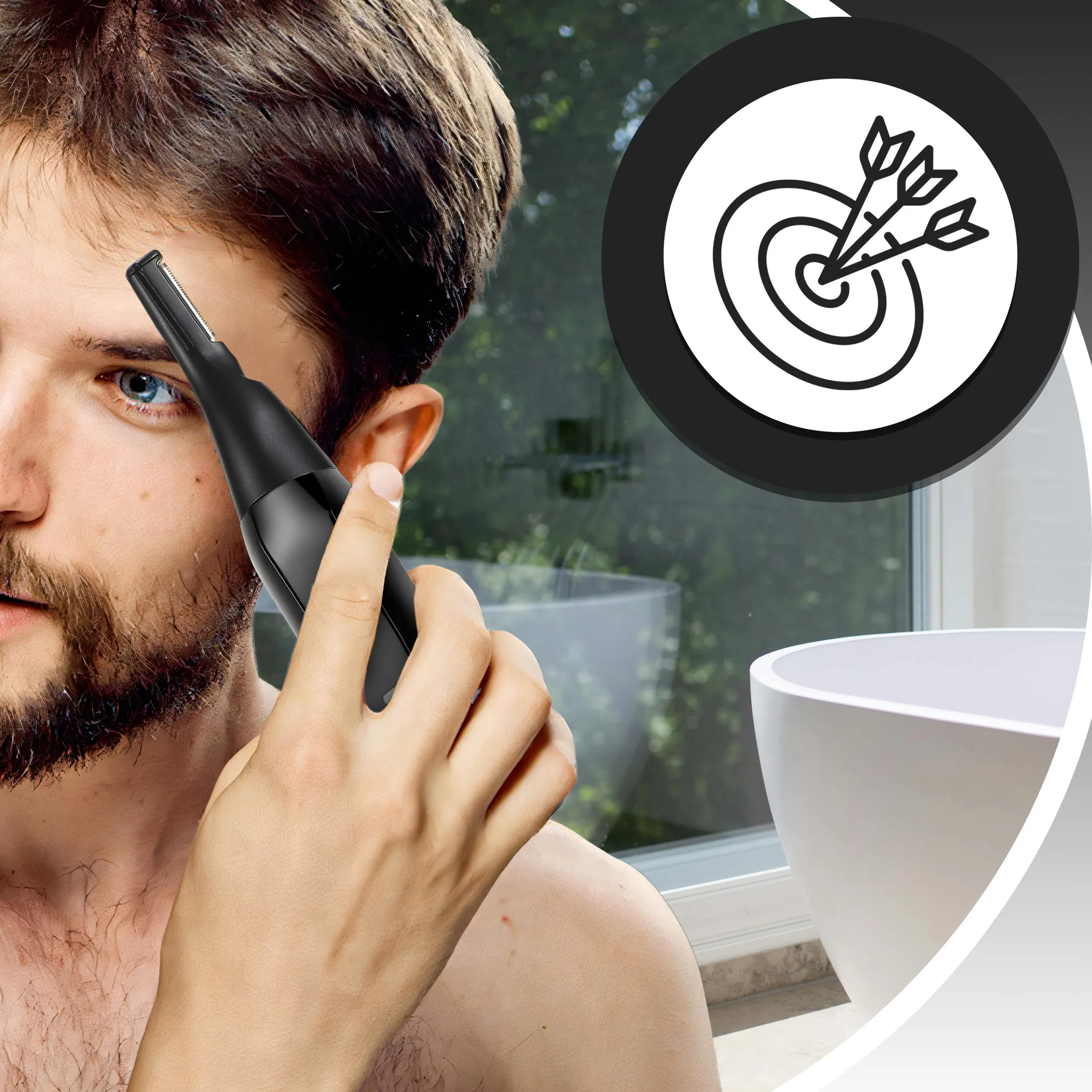 Ein Mann trimmt seine Augenbrauen mit einem Trimmer vor einem Fenster.