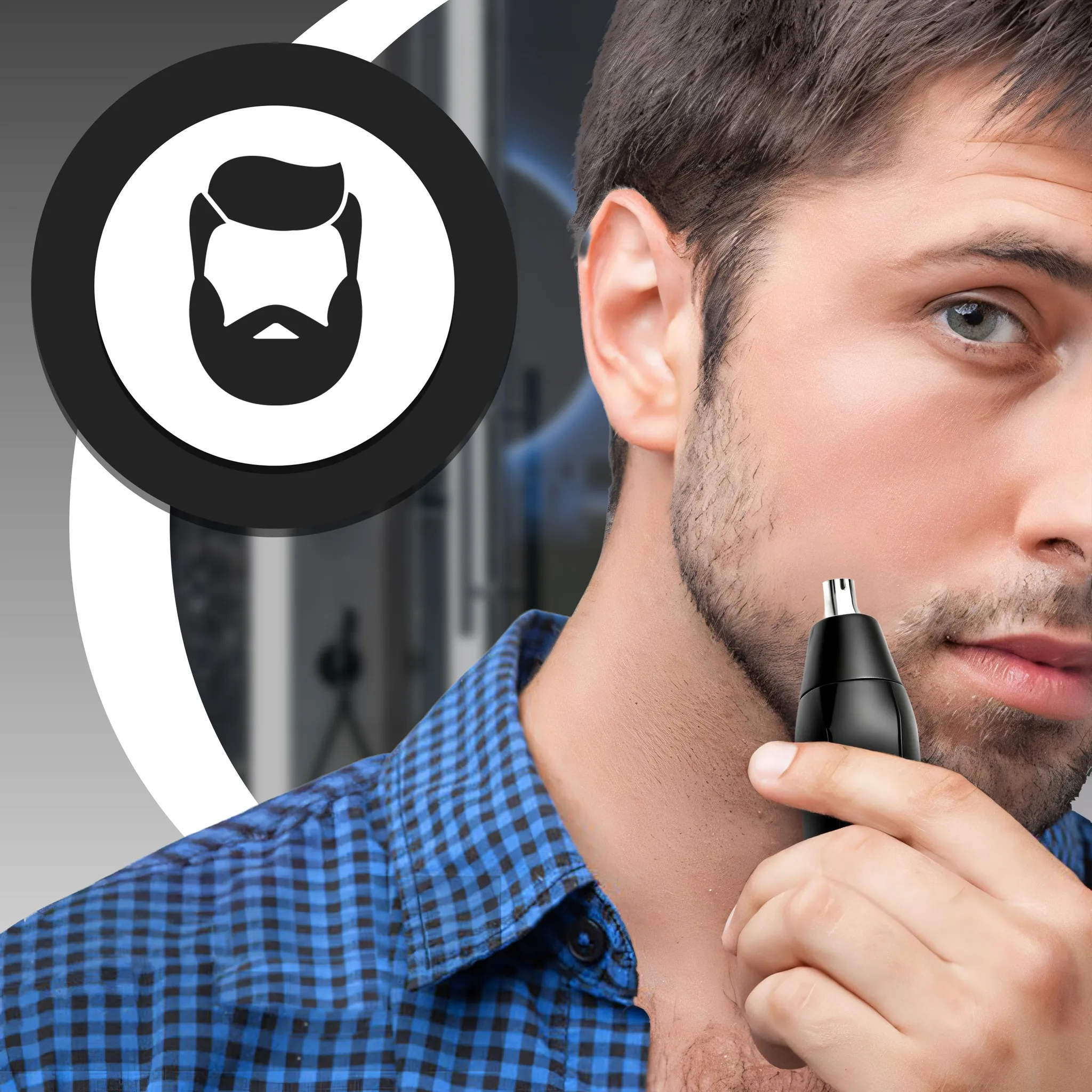 Mann mit Trimmer im Gesicht, Bart-Symbol im Kreis.