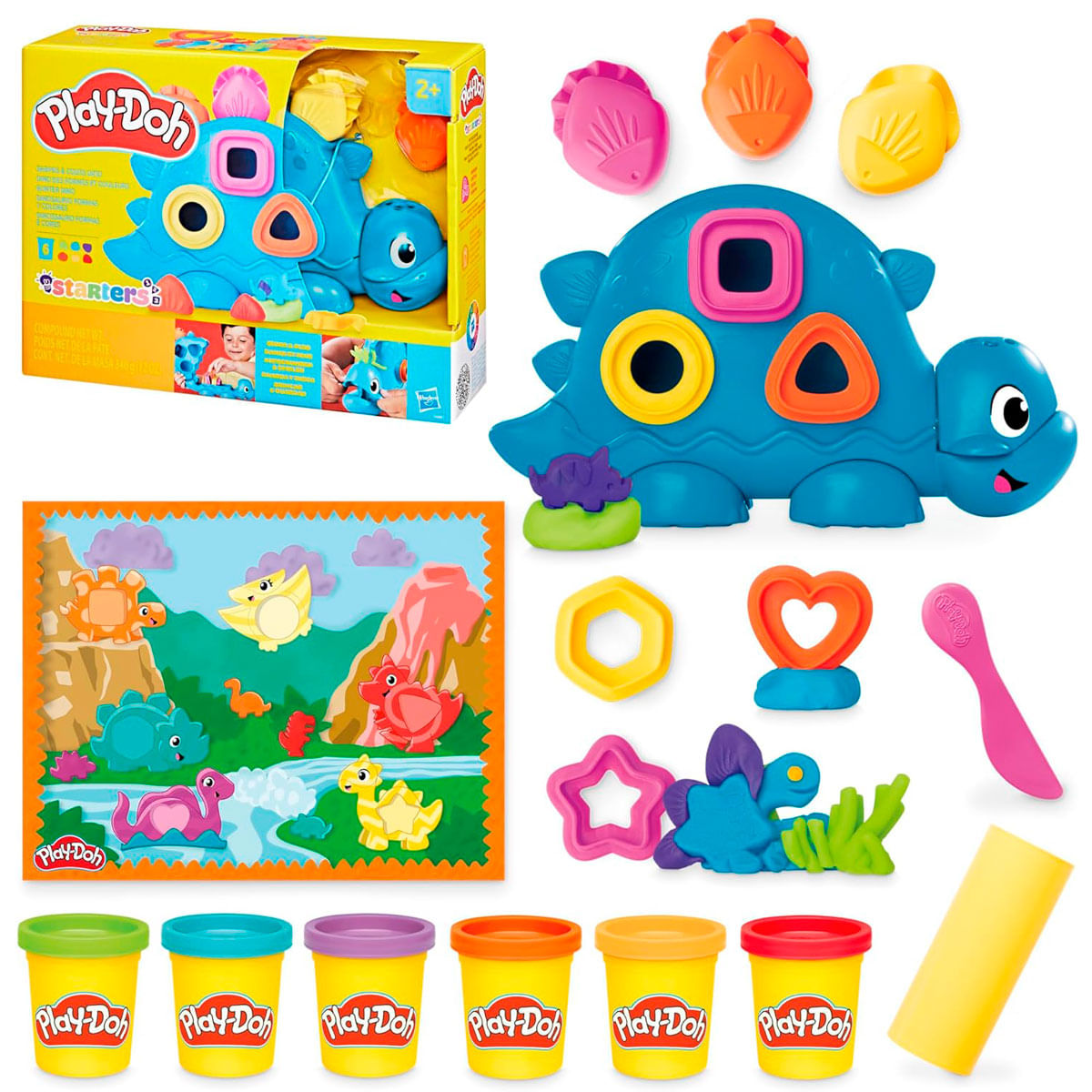 Set de dinosaurios Play-Doh con moldes, colores y herramientas sobre fondo blanco.