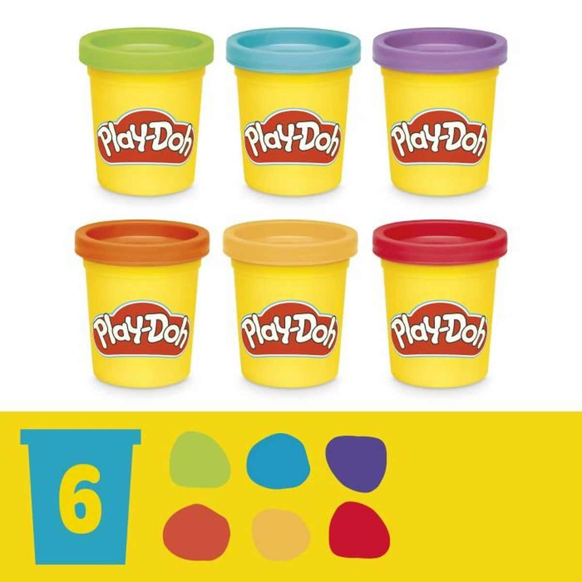 Seis recipientes amarillos de Play-Doh con tapas de colores y un número 6.