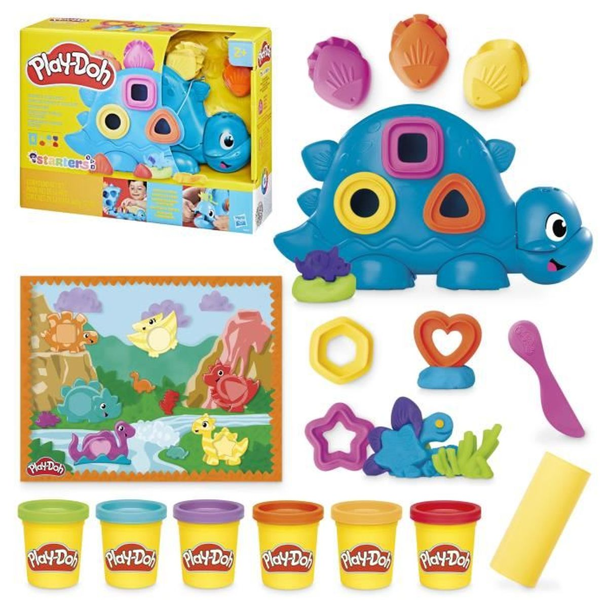 Set de dinosaurios Play-Doh con cortadores, masa y tapete de juego.