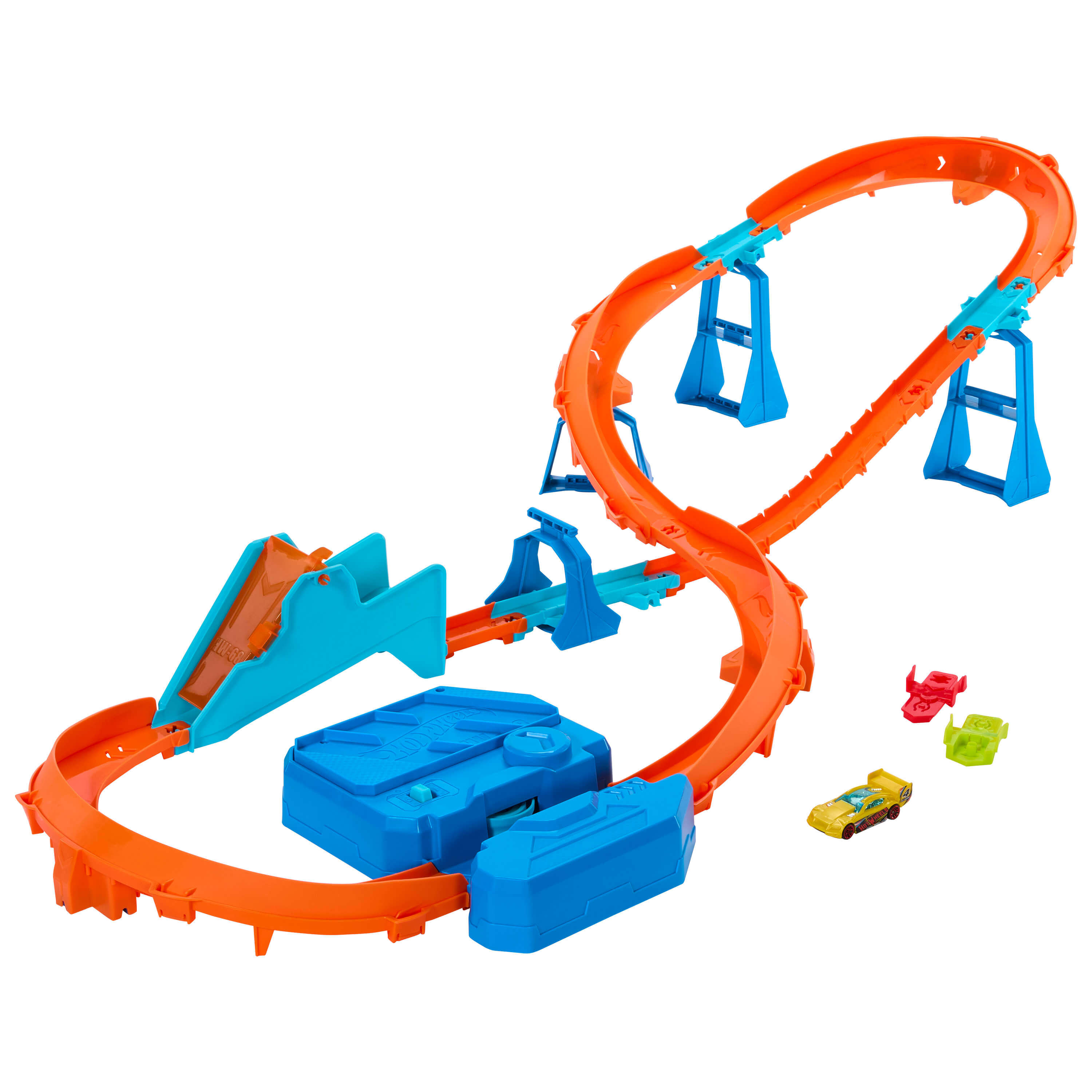 Pista de carreras de coches de juguete naranja y azul con coches.