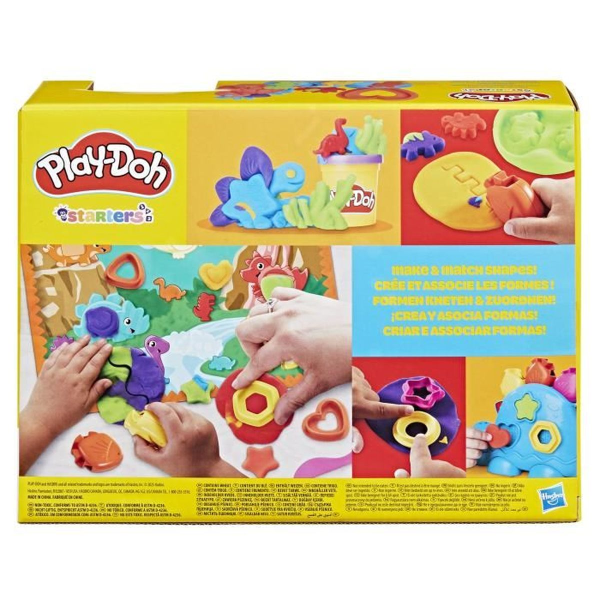 Caja Play-Doh con formas de dinosaurios y masa; manos de niños moldeando figuras.