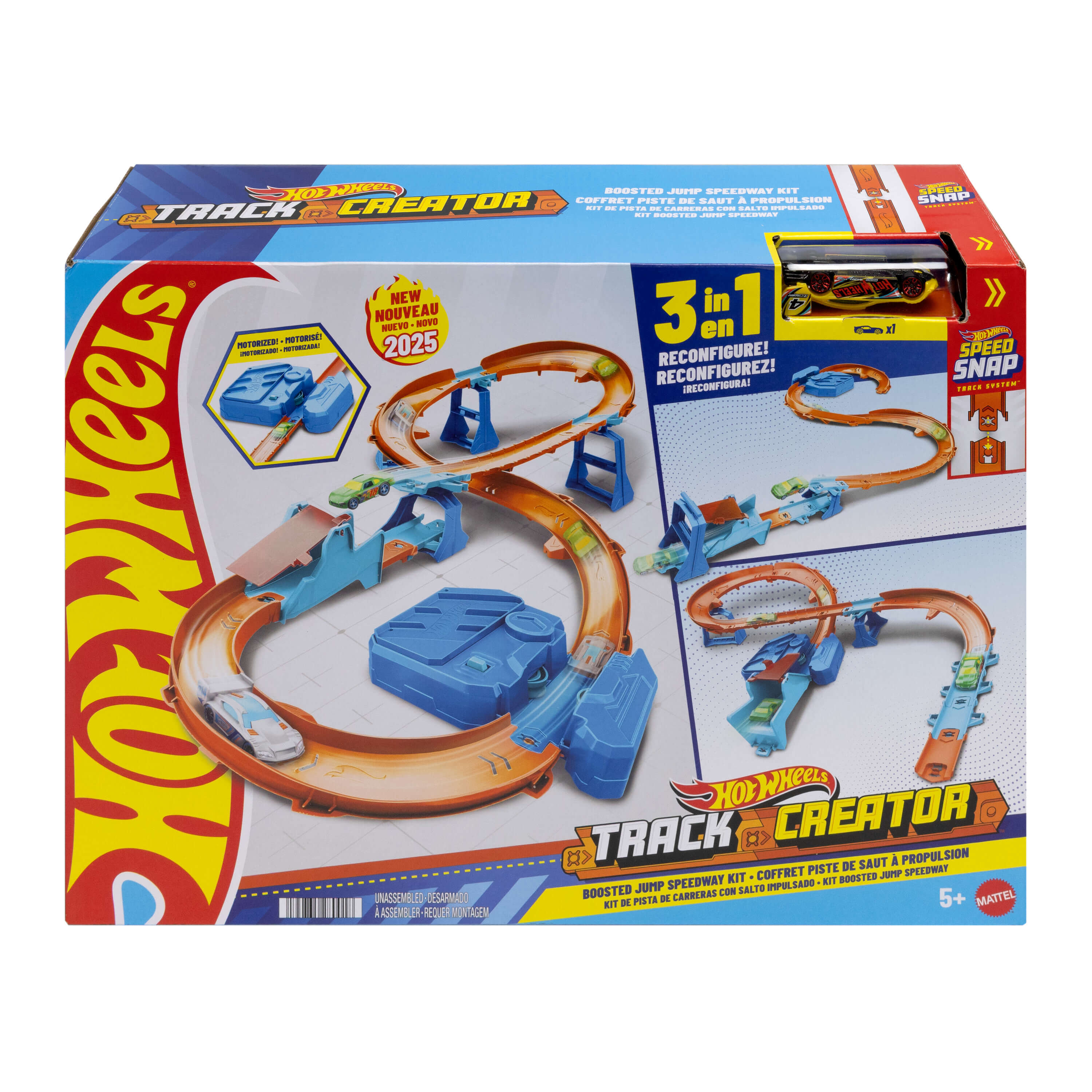 Pista de carreras de coches de juguete Hot Wheels Track Creator con coches y accesorios en la caja.