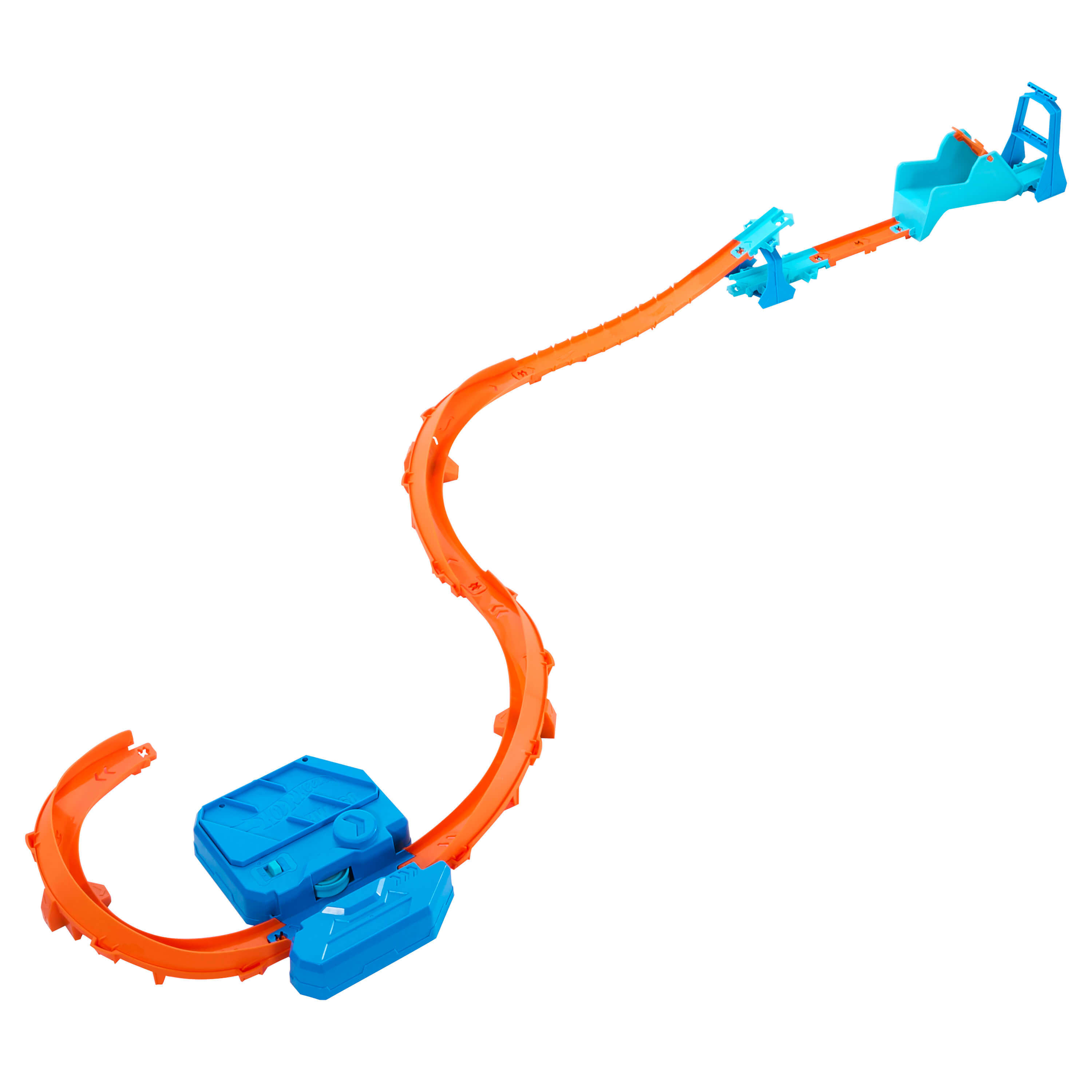 Pista naranja Hot Wheels con elementos de arranque azules y rampa de llegada.