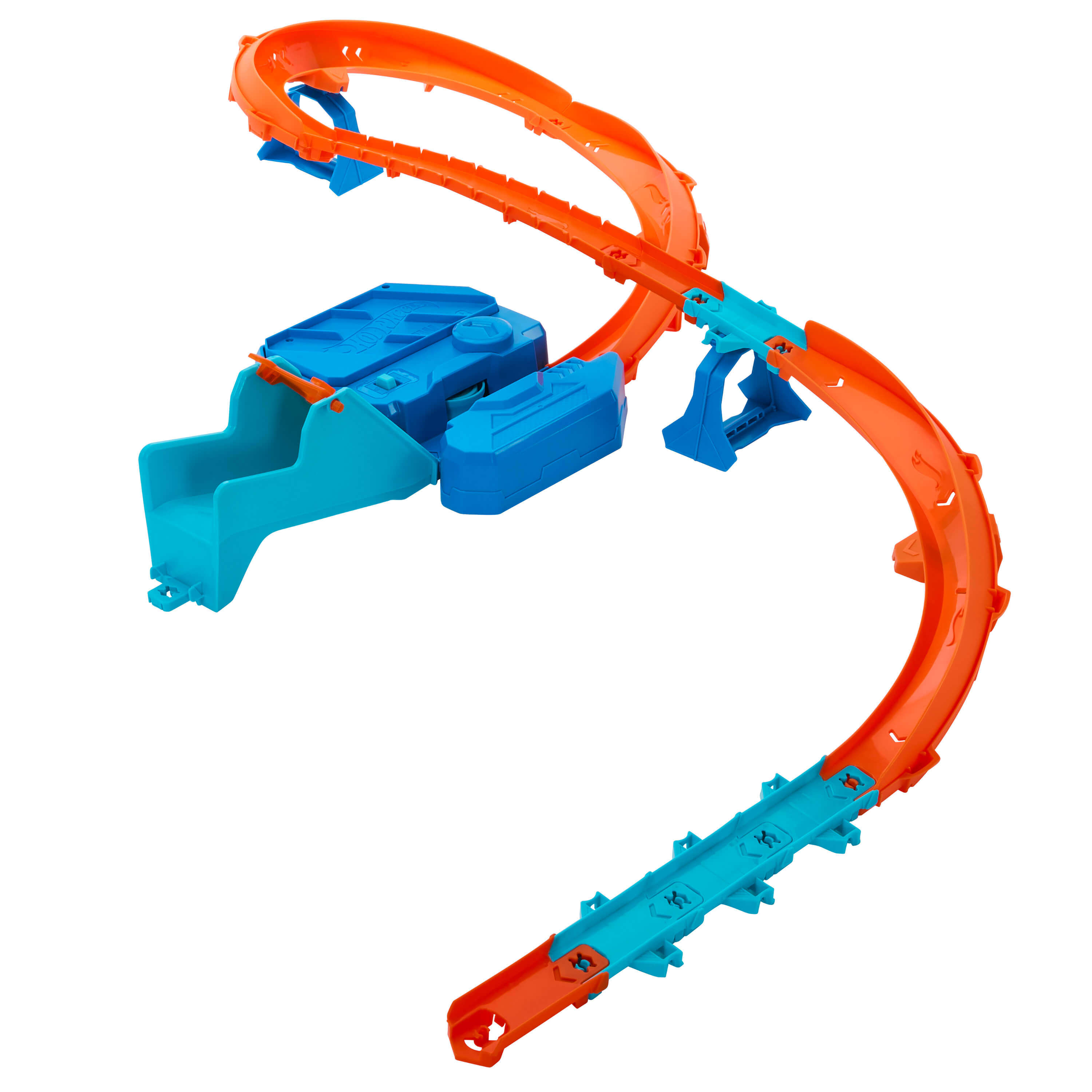 Pista de coches de juguete naranja y azul con lanzador y curvas.