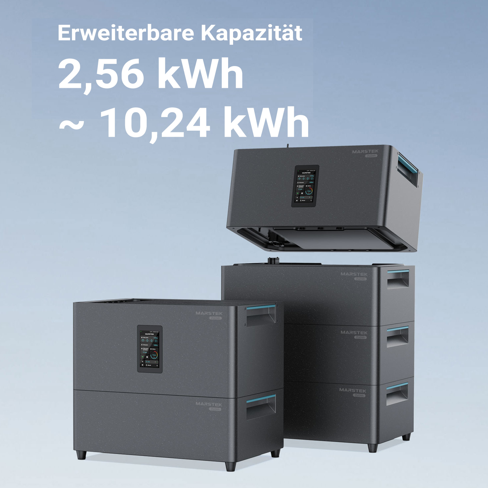 Graue MARSTEK-Batteriespeicher stapeln sich, Kapazität 2,56-10,24 kWh.