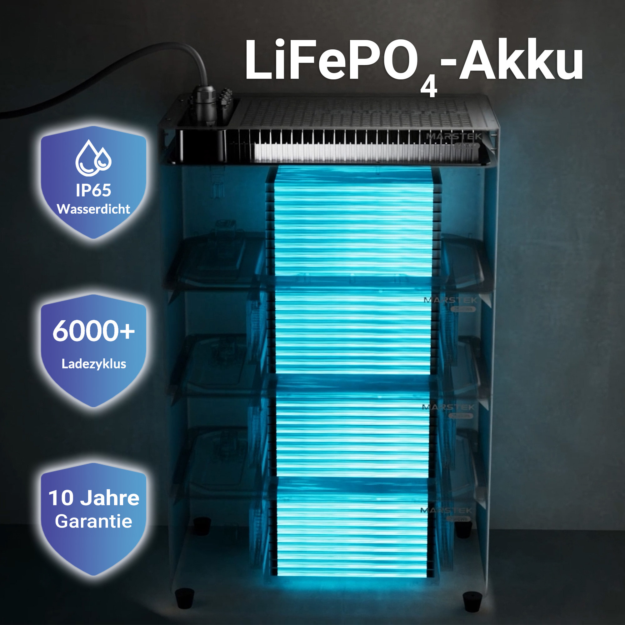 LiFePO4-Akkueinheit mit blauen leuchtenden Zellen, IP65, 6000+ Zyklen, 10 Jahre Garantie.