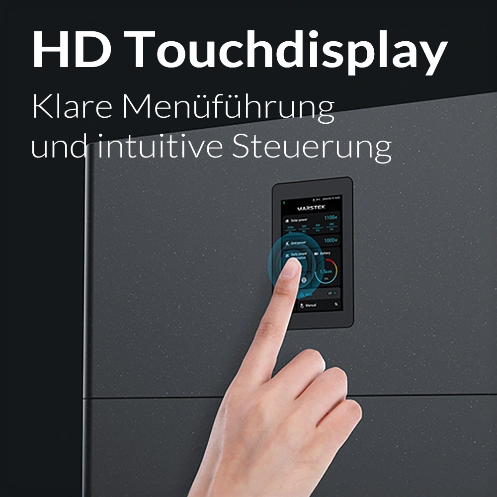 Ein Finger berührt einen Bildschirm mit Daten. Text: HD Touchdisplay.
