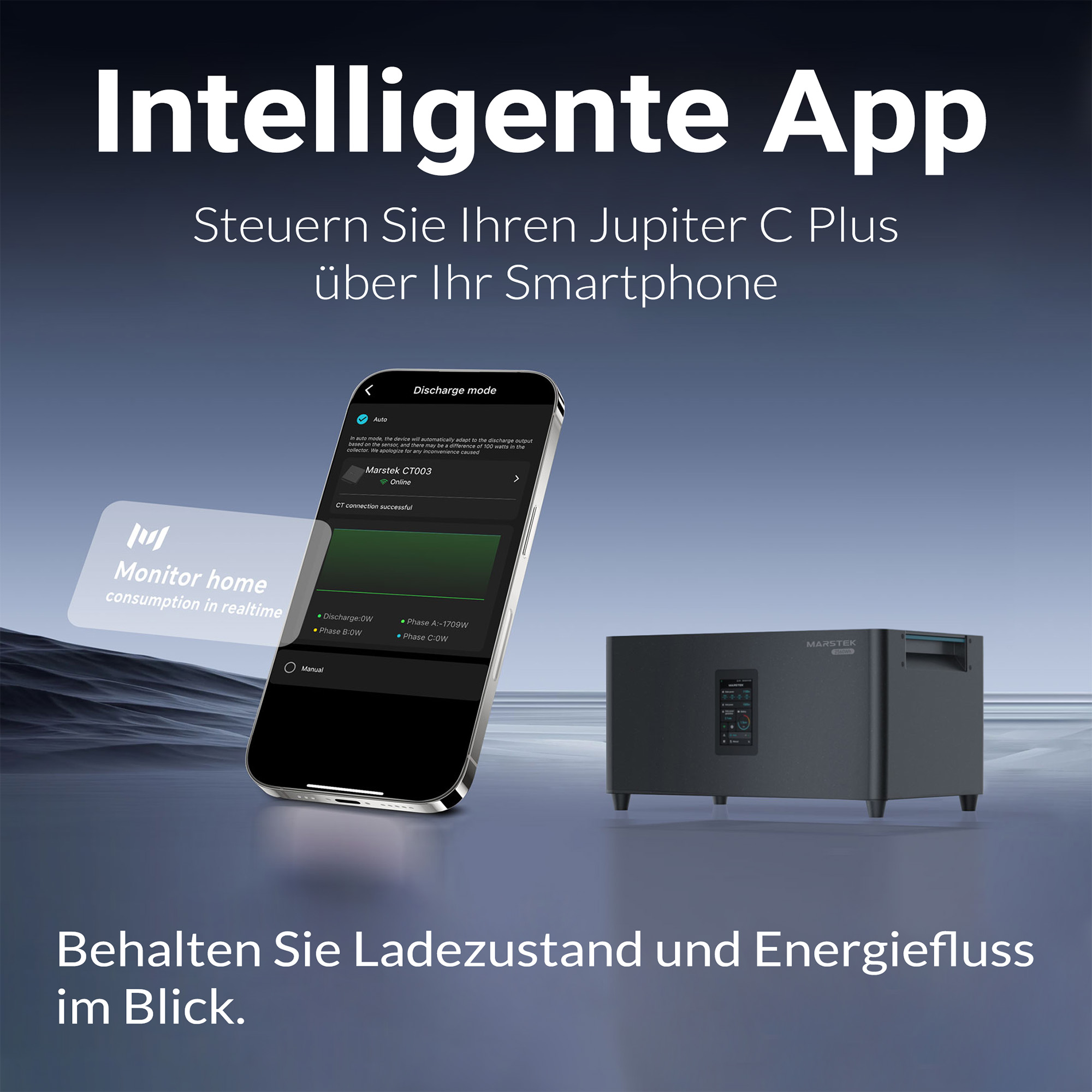 Smartphone steuert Marstek Jupiter C Plus mit App für Energieüberwachung.