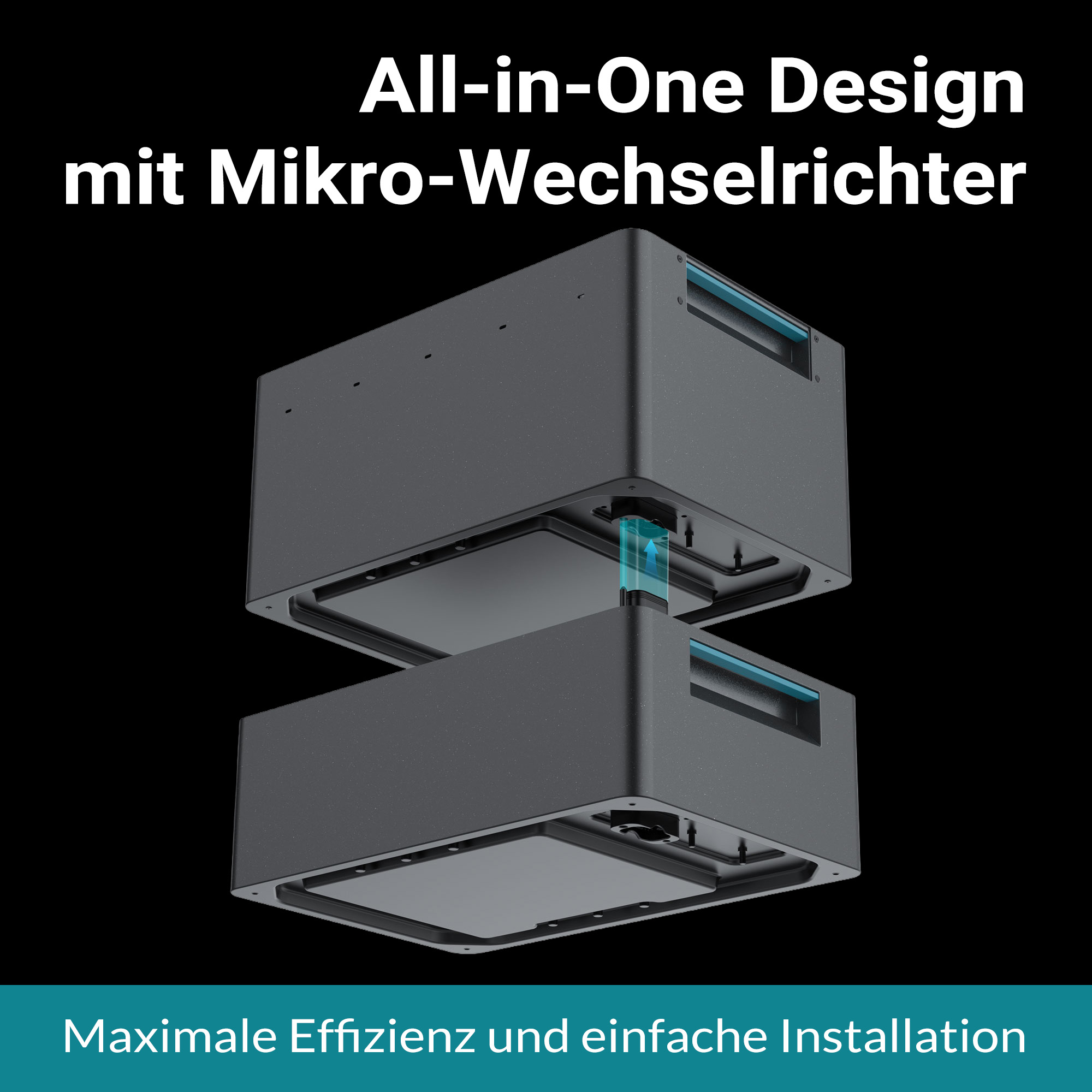 Graue Module mit blauen Akzenten, die zusammengefügt werden. Text: All-in-One Design mit Mikro-Wechselrichter.
