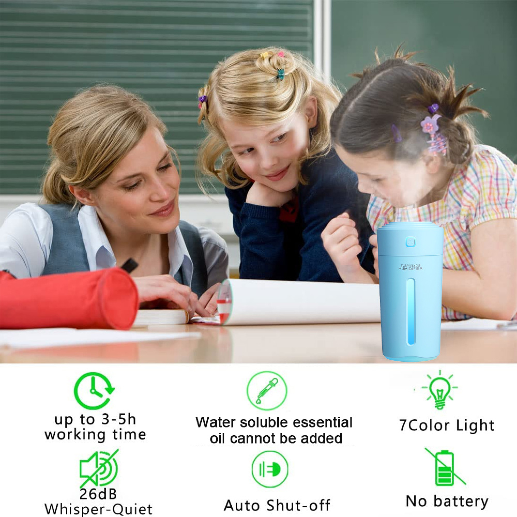 Lehrerin und Kinder beobachten blauen Nebel-Luftbefeuchter. Merkmale: 3-5h Laufzeit, leise, kein Öl, Auto-Off, Licht.