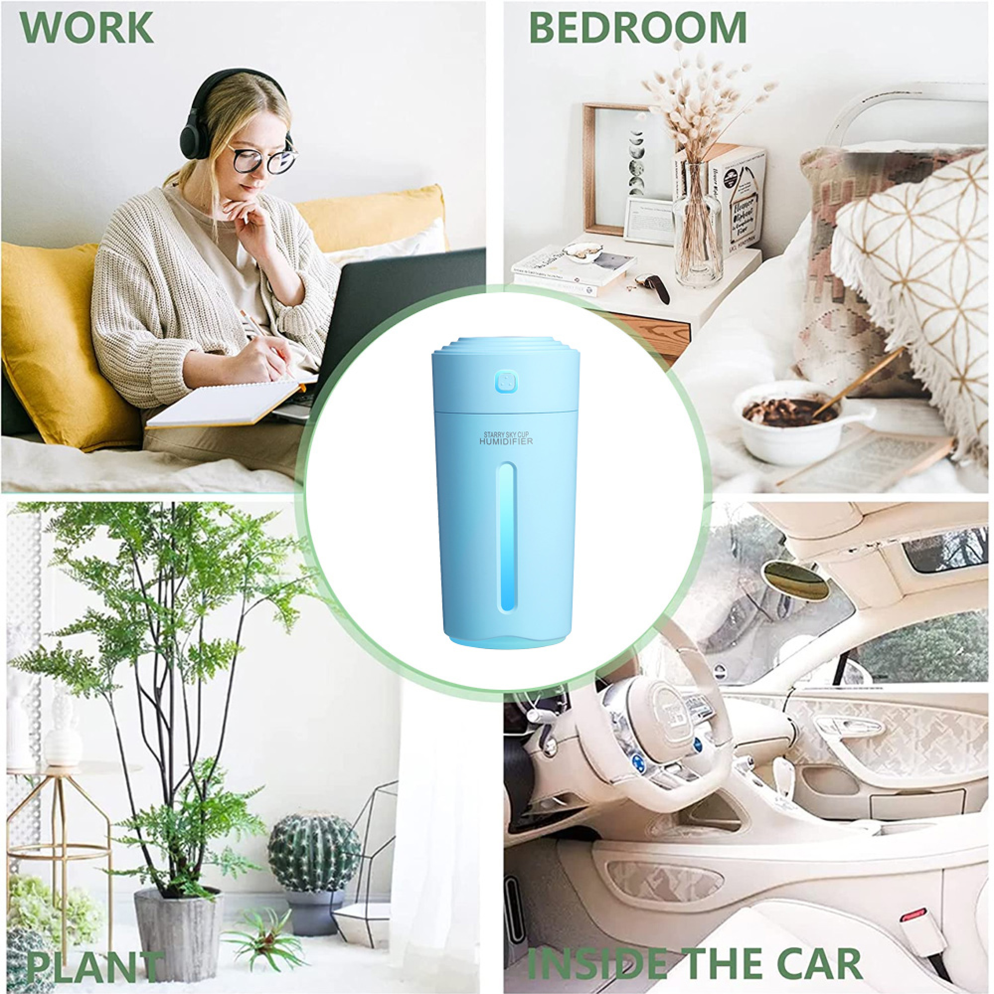 Collage zeigt Arbeit, Schlafzimmer, Pflanzen und Auto-Innenraum mit Luftbefeuchter.