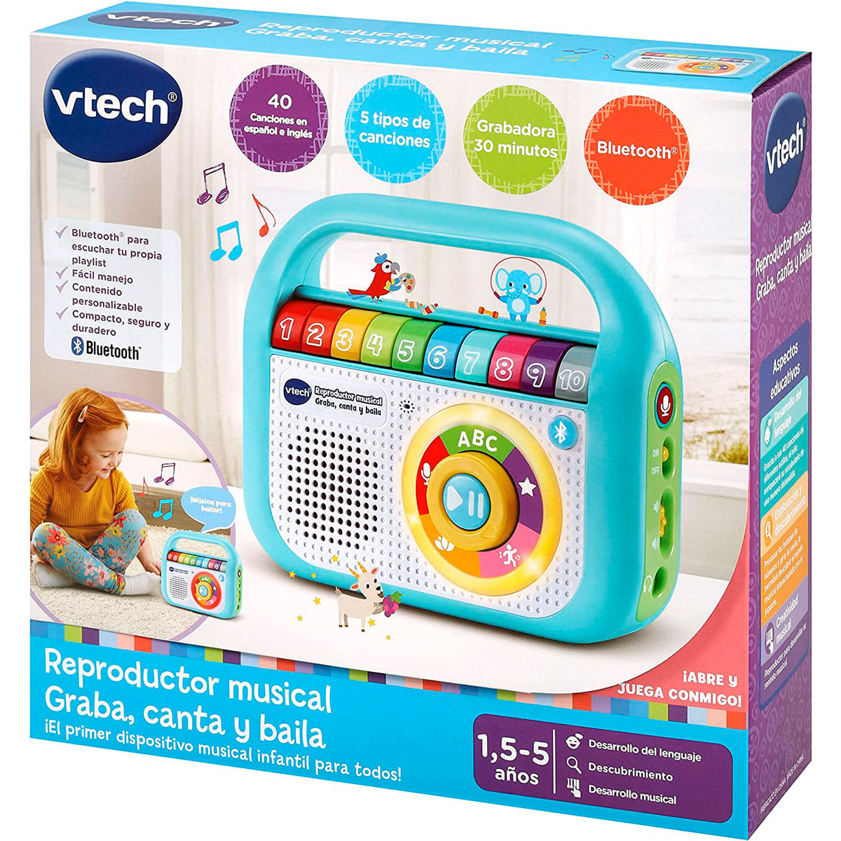 Juguete musical VTech con teclas numéricas, figuras de animales y rueda ABC.